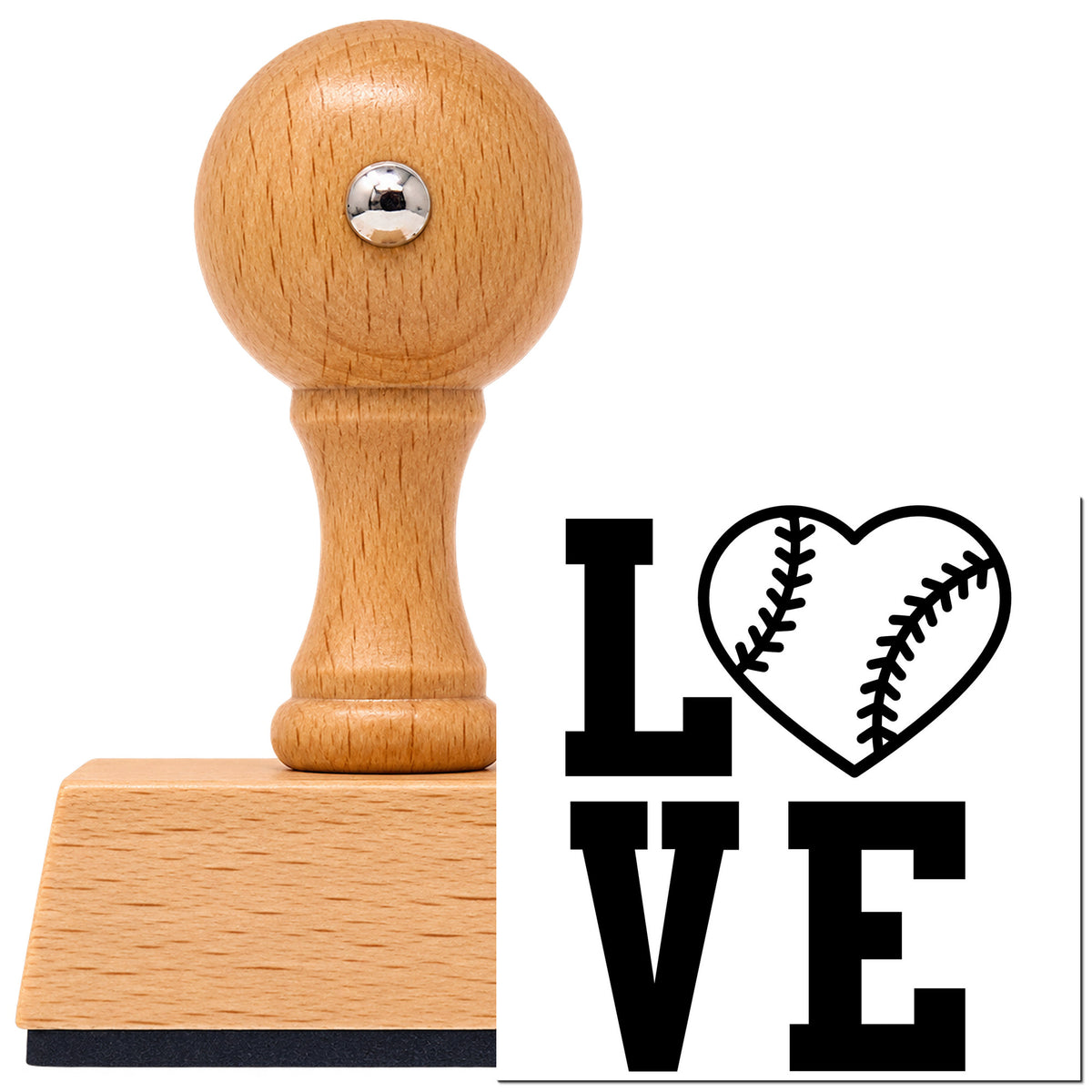 Vintage Pro beech wood stamp with a round knob handle, shown with its black Love With A Stitched Baseball Heart imprint on white.