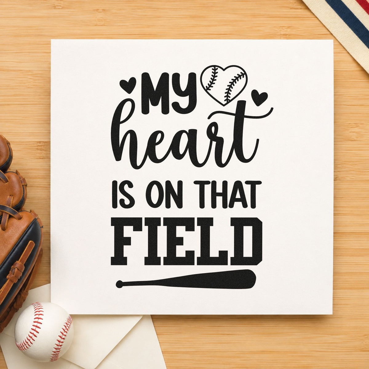 Heart on the Field Bat craft stamp imprint in black ink on a handmade project, one idea being senior night frames.