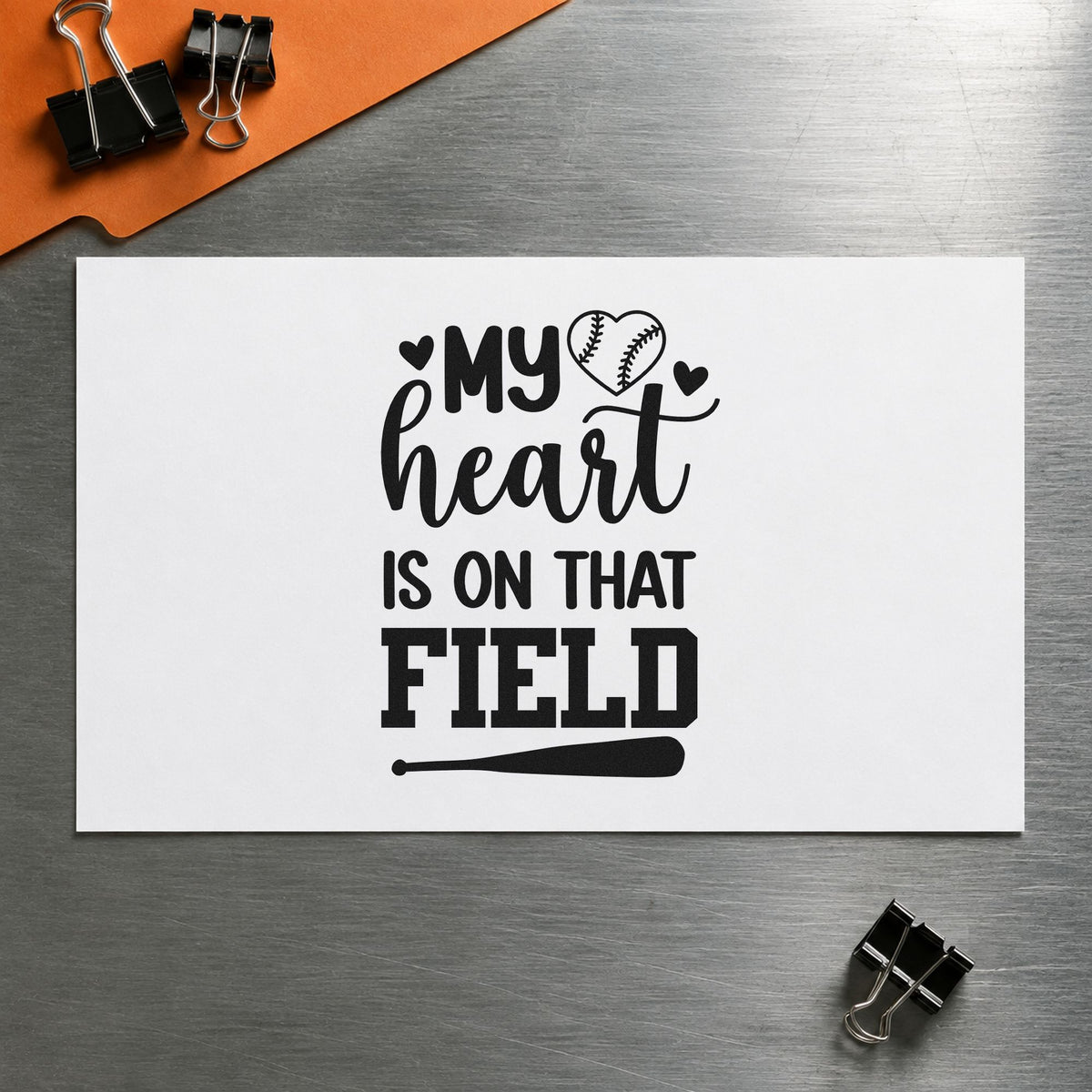 Heart on the Field Bat rubber stamp printed in black ink, ready for bleacher tote bags and similar paper crafts.