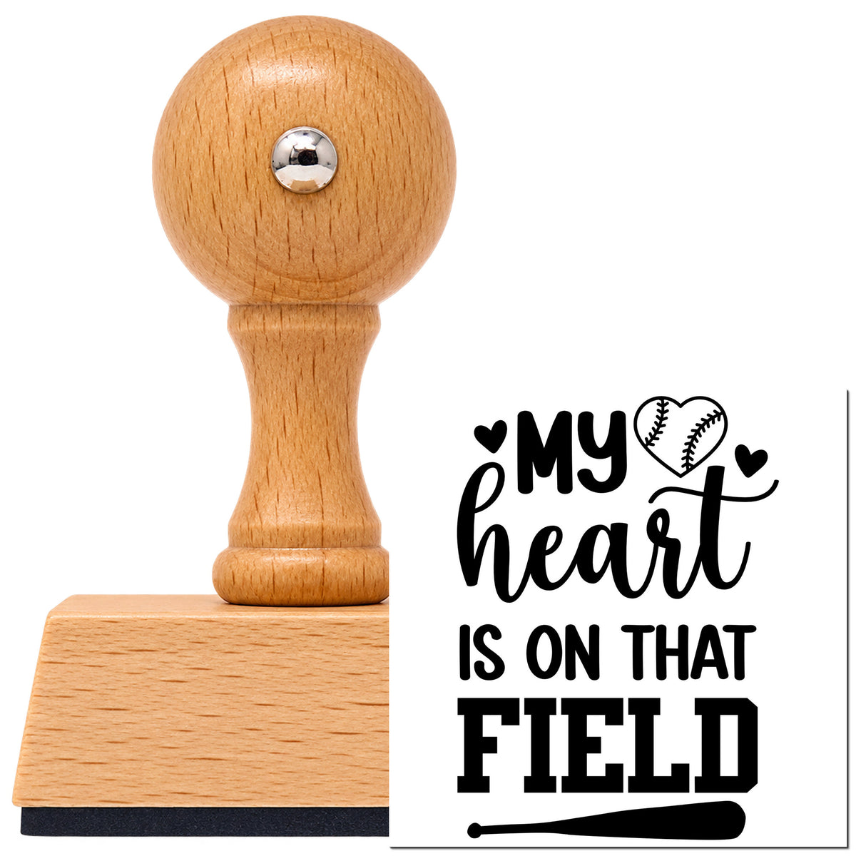 Vintage Pro beech wood stamp with a round knob handle, shown with its black Heart On The Field Bat Baseball Artwork imprint on white.