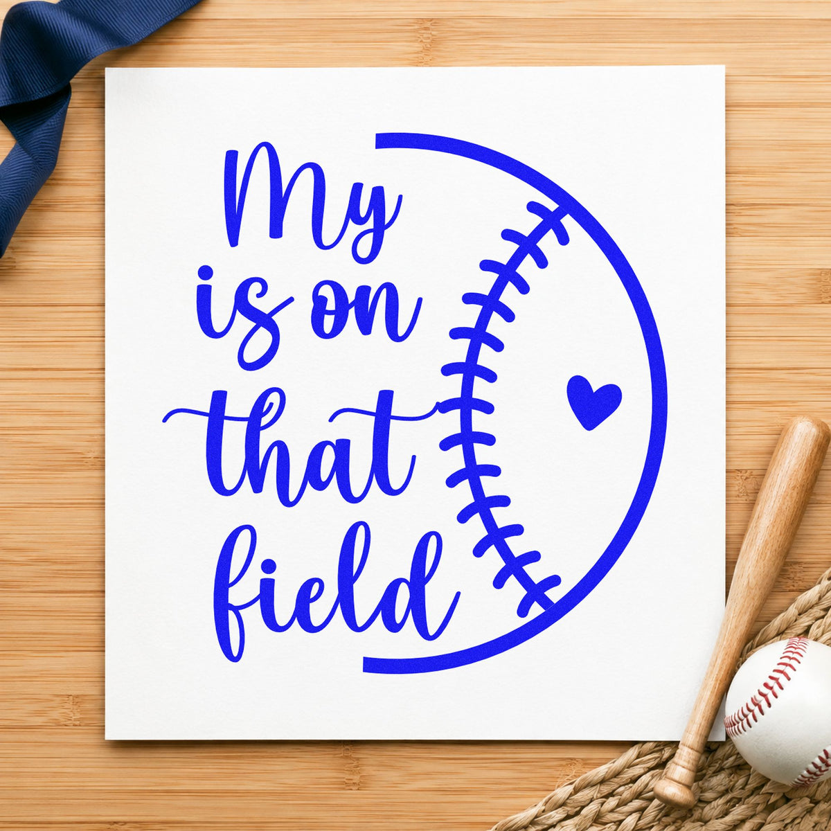 Heart on the Field Half Ball craft stamp in blue ink on cardstock, an easy option for gift tag sets.