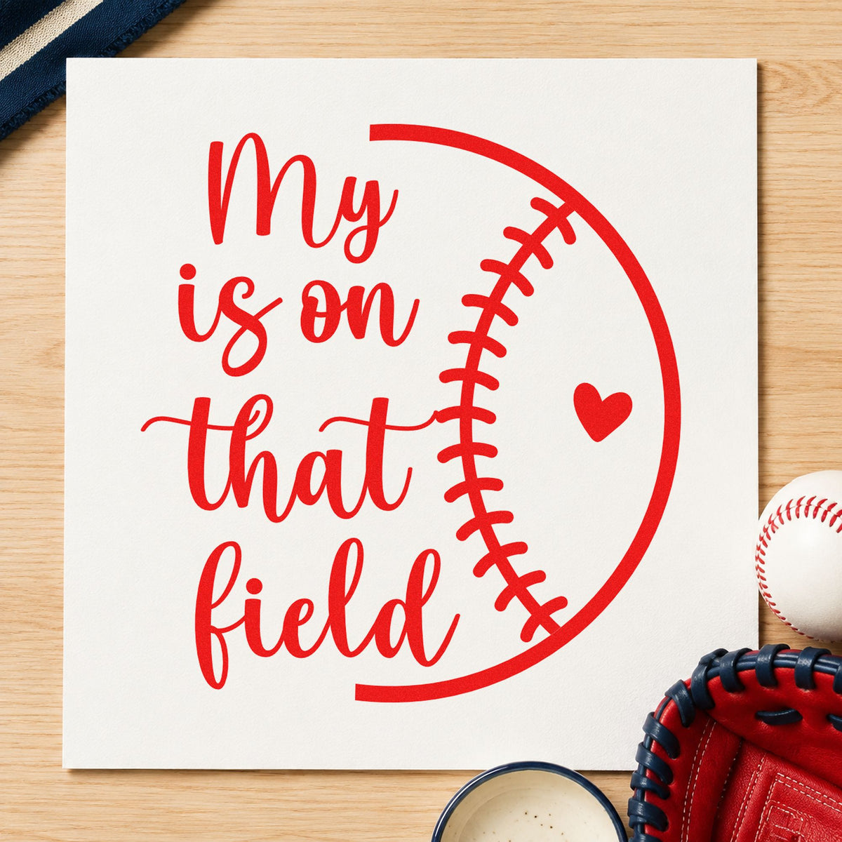 Heart on the Field Half Ball rubber stamp shown in red ink, stamped for projects such as bookmark crafts.