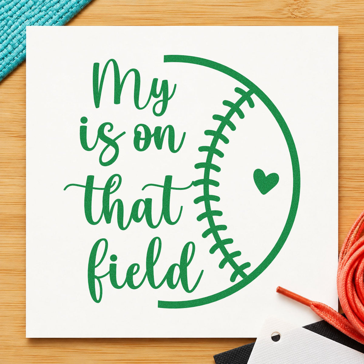 Heart on the Field Half Ball craft stamp imprint in green ink on a handmade project, one idea being thank-you notes.