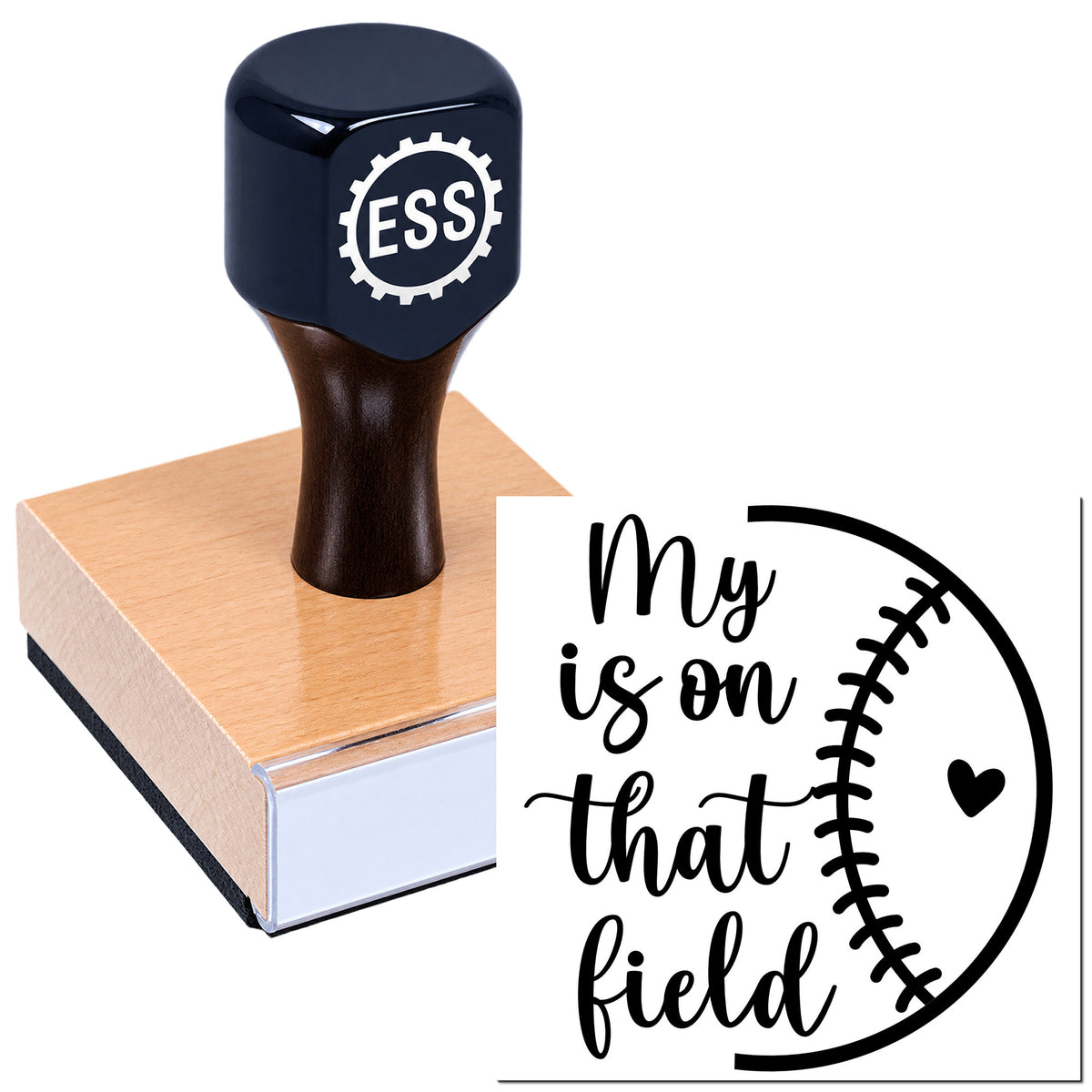Dark blue ESSI stamp on copper block, with black baseball seam seal and "My is on that field" lettering.