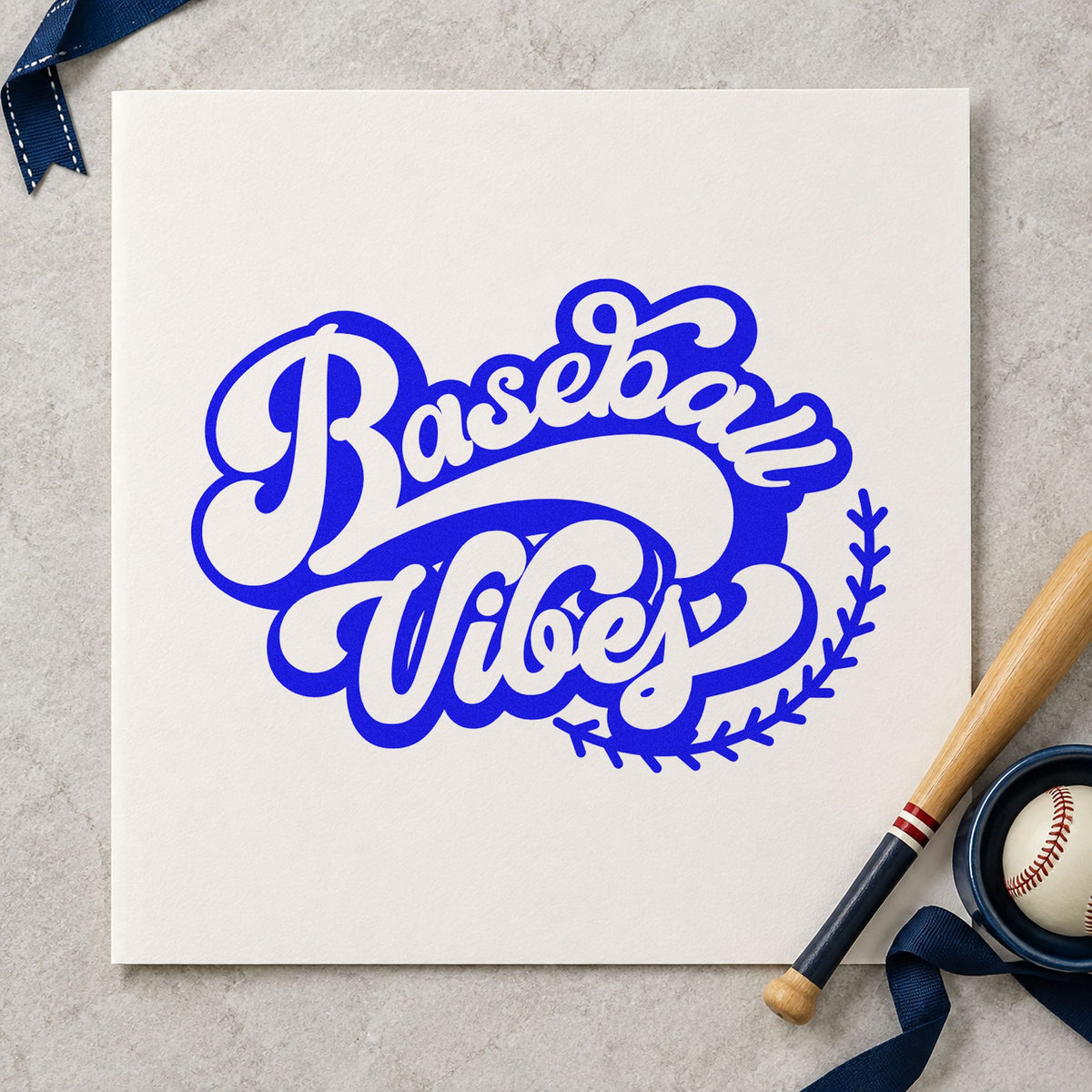 Baseball Vibes craft stamp in blue ink on cardstock, an easy option for party invitations.