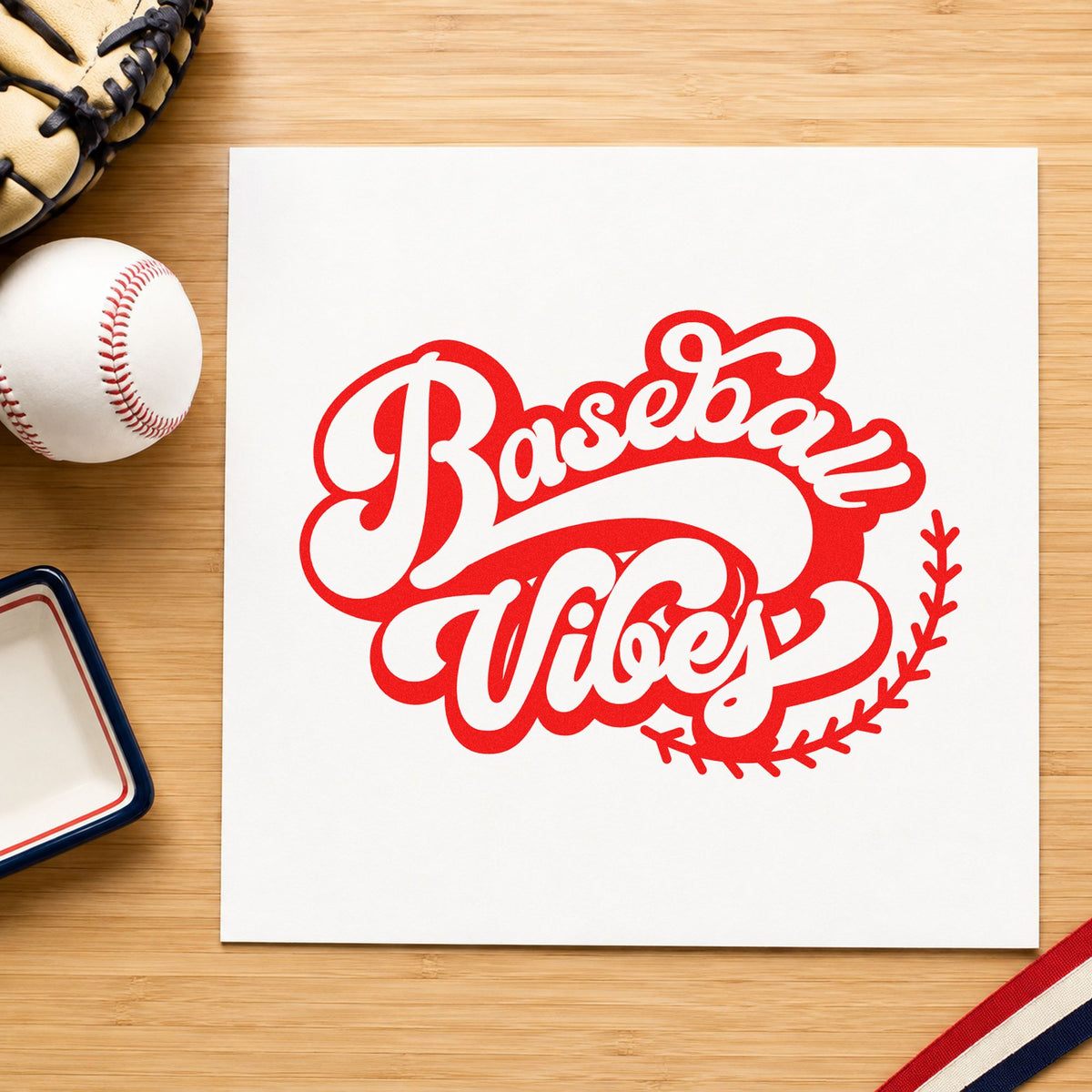 Baseball Vibes rubber stamp shown in red ink, stamped for projects such as journal cover stamping.