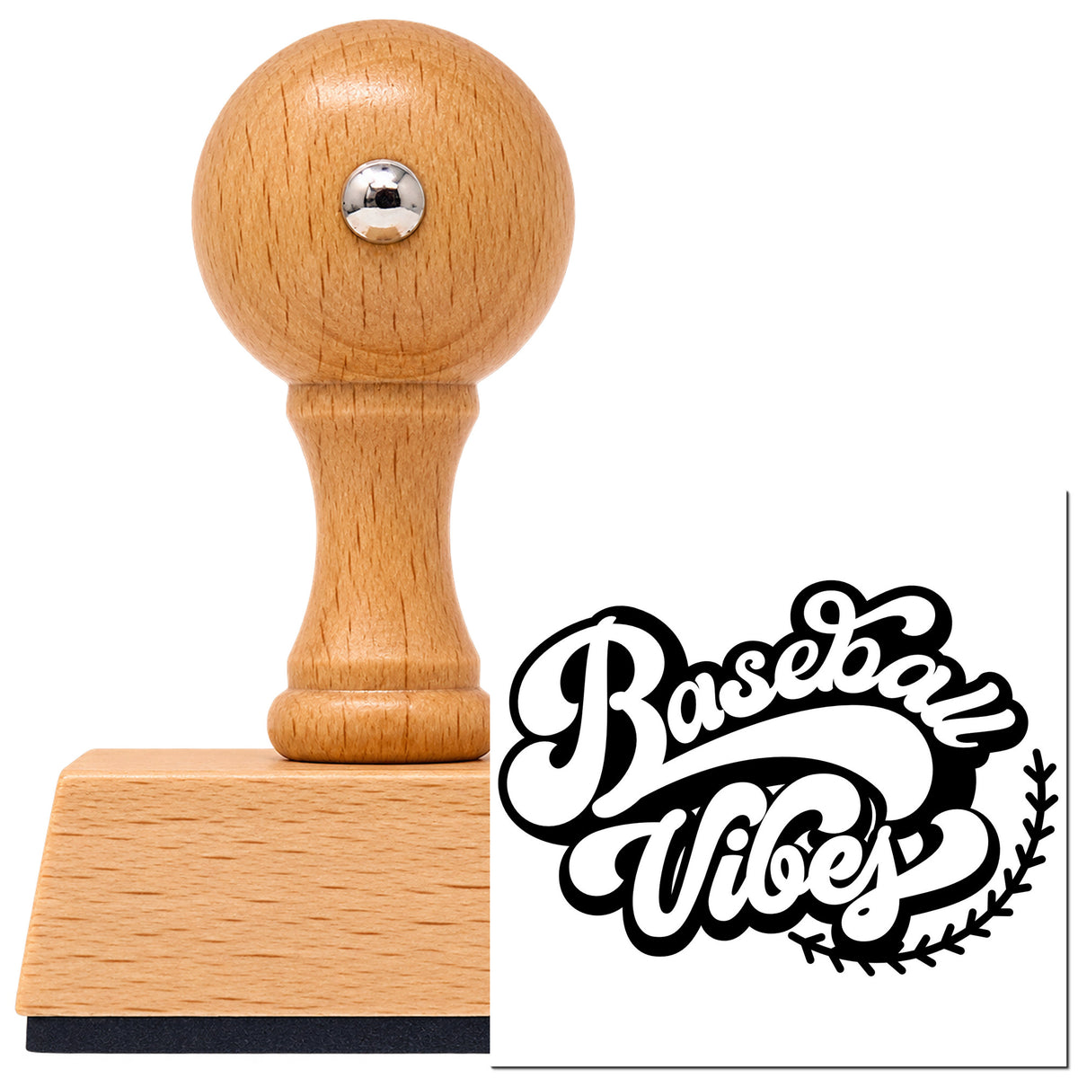 Vintage Pro beech wood stamp with a round knob handle, shown with its black Baseball Vibes Lettering imprint on white.