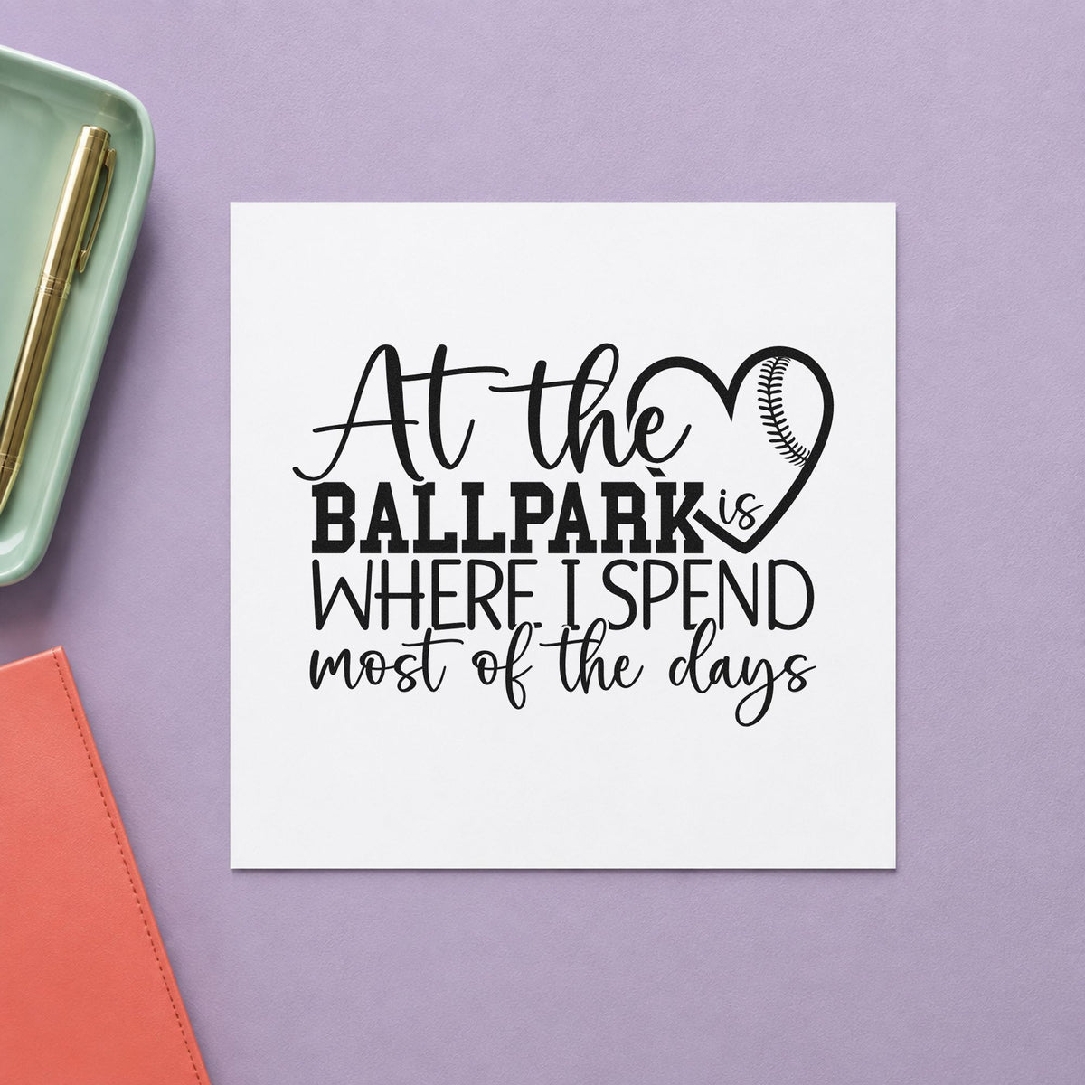 At the Ballpark craft stamp in black ink on cardstock, an easy option for planner month covers.