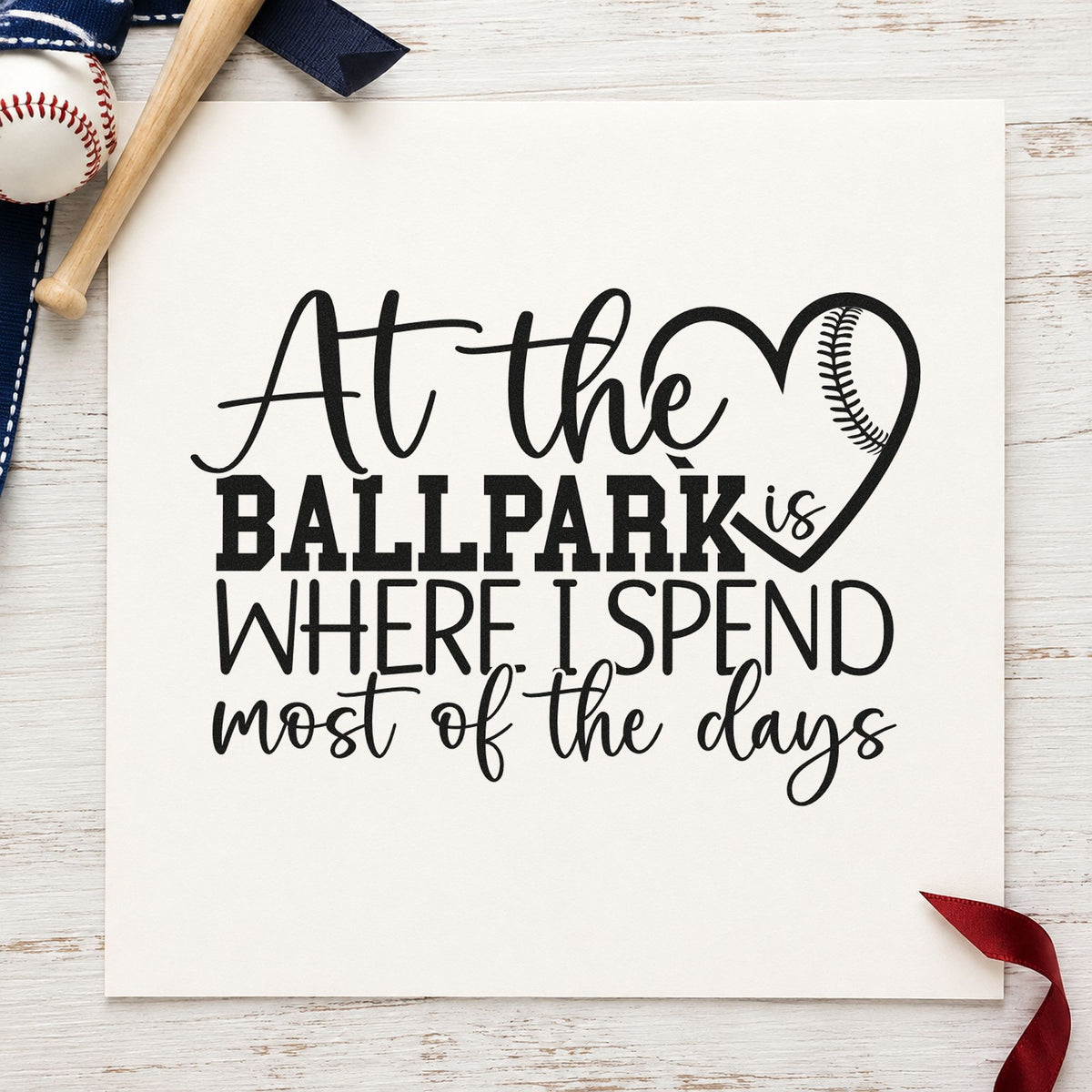 At the Ballpark craft stamp imprint in black ink on a handmade project, one idea being scrapbook season pages.