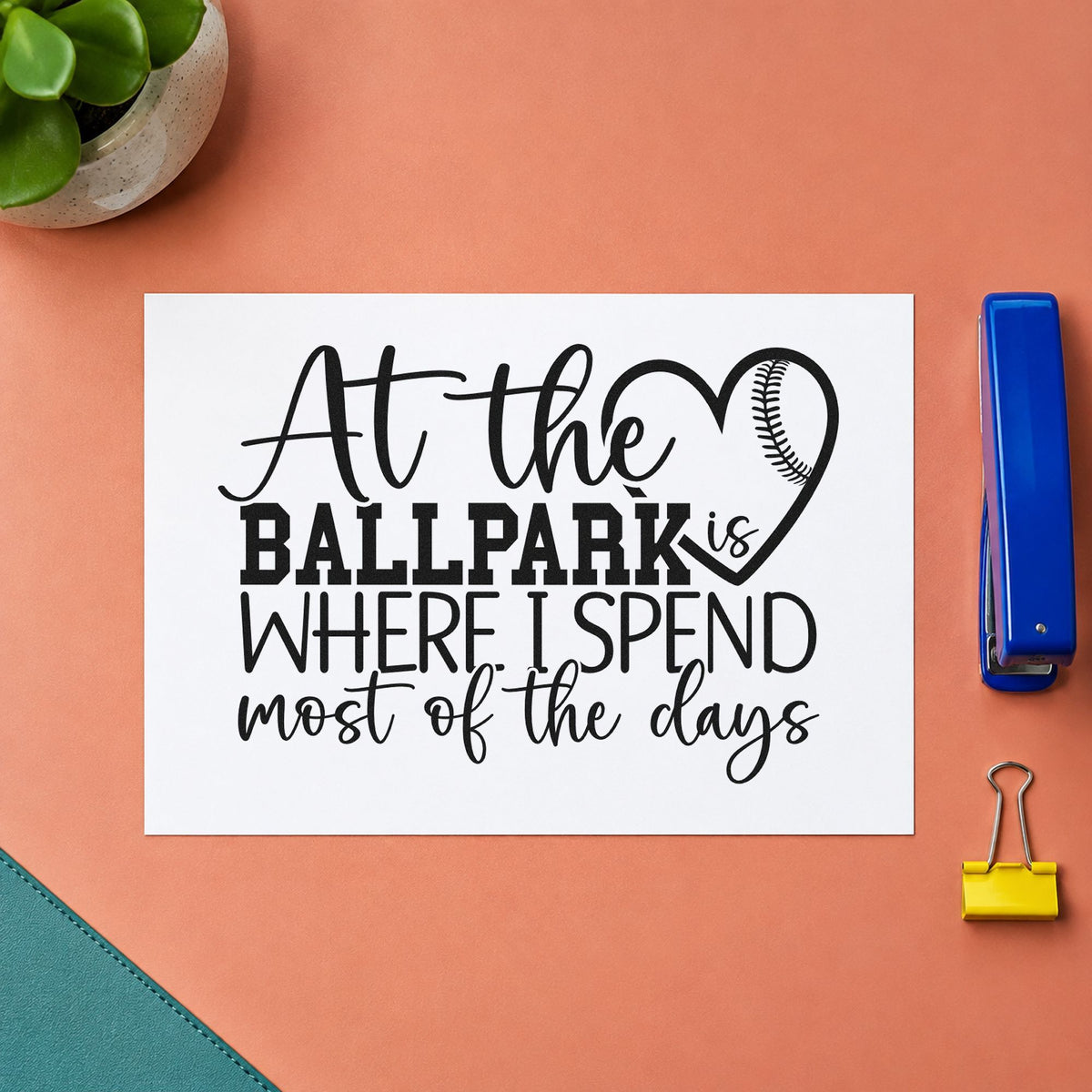 At the Ballpark rubber stamp printed in black ink, ready for tote bag printing and similar paper crafts.