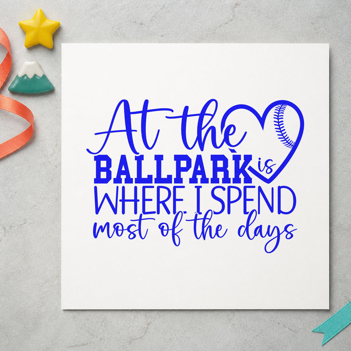 At the Ballpark craft stamp imprinted in blue ink on paper, a design suited to coach thank-you notes.