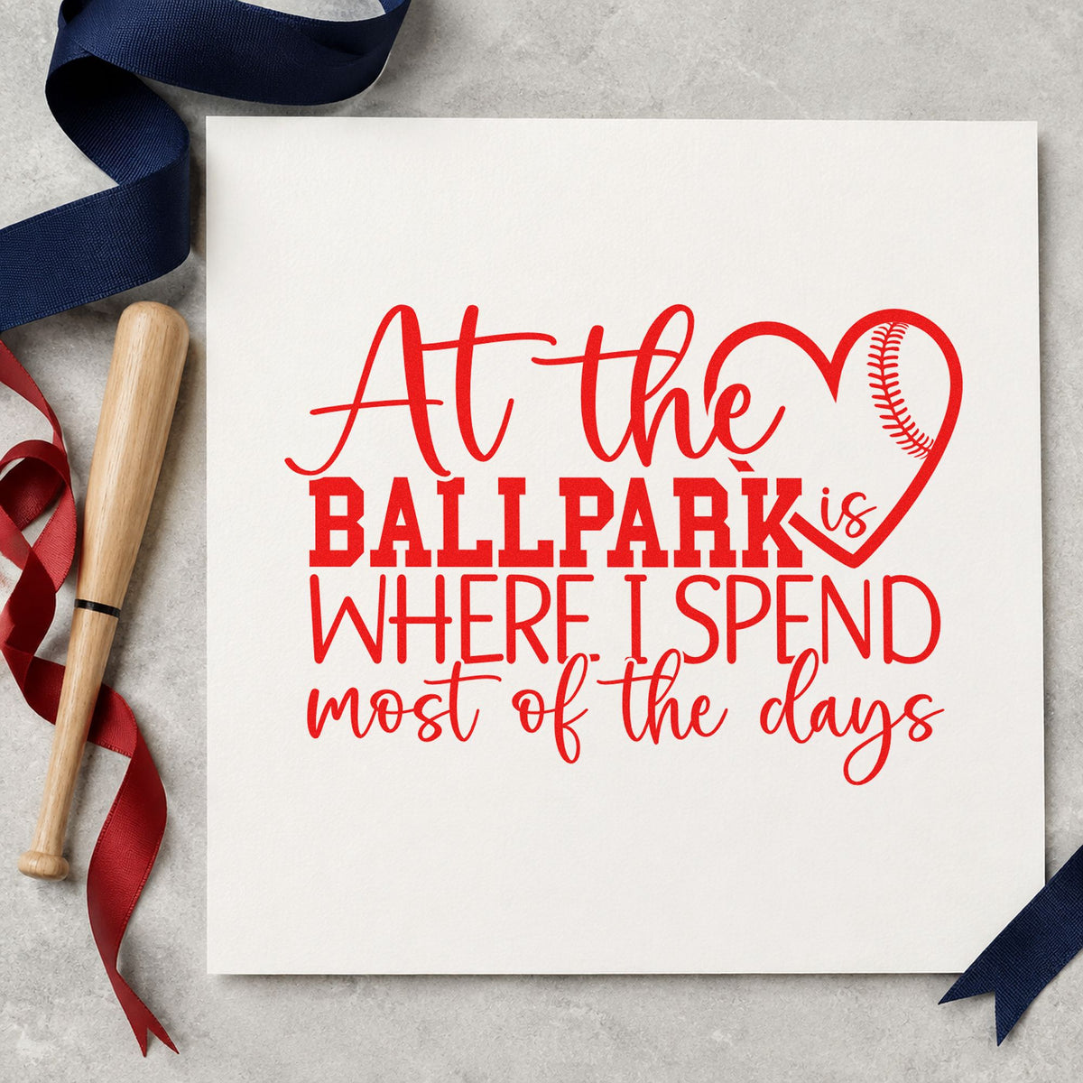 At the Ballpark rubber stamp shown in red ink, stamped for projects such as kitchen magnet crafts.