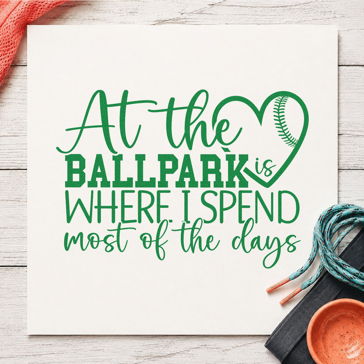 At the Ballpark craft stamp imprint in green ink on a handmade project, one idea being party invitations.