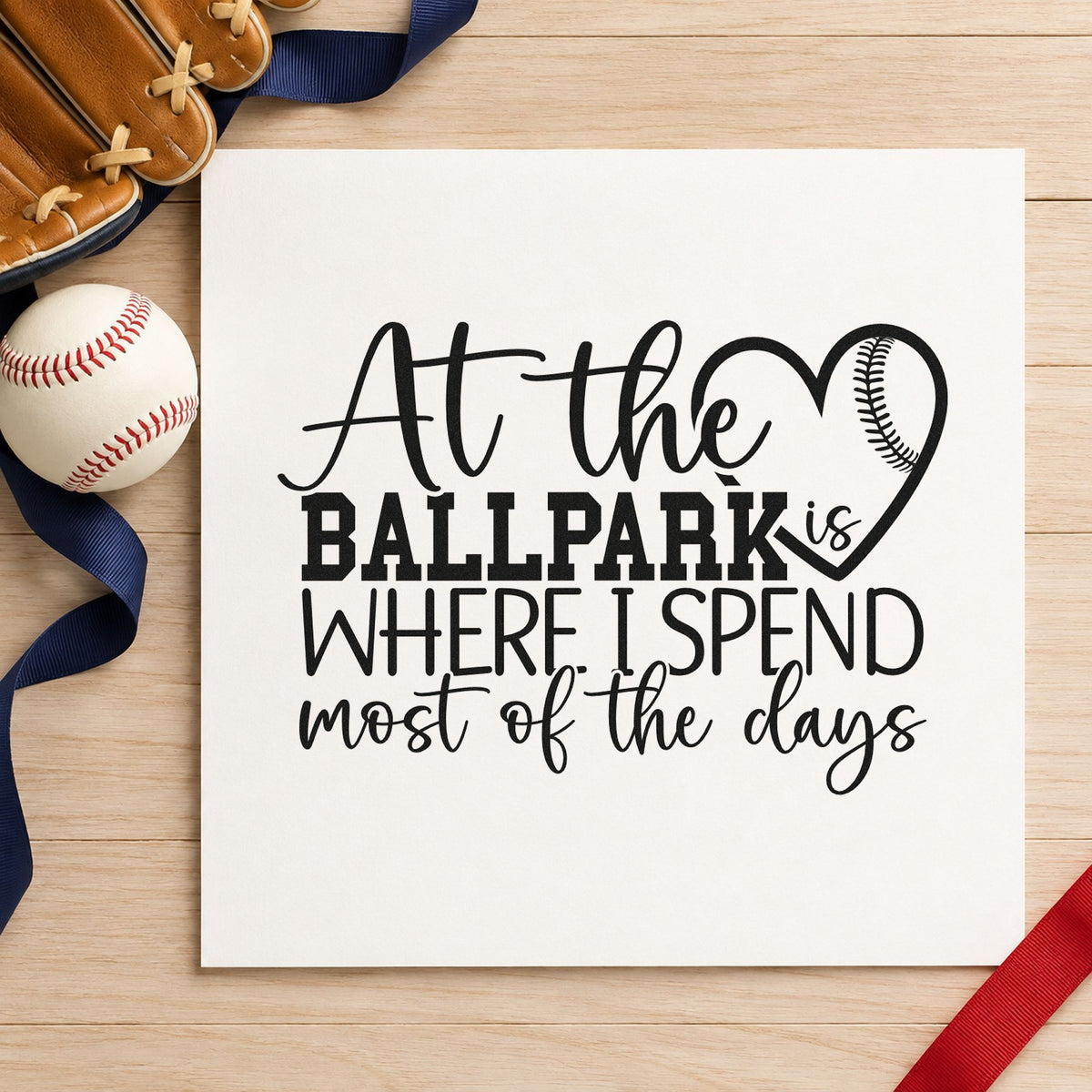 At the Ballpark rubber stamp printed in black ink, ready for baseball family cards and similar paper crafts.