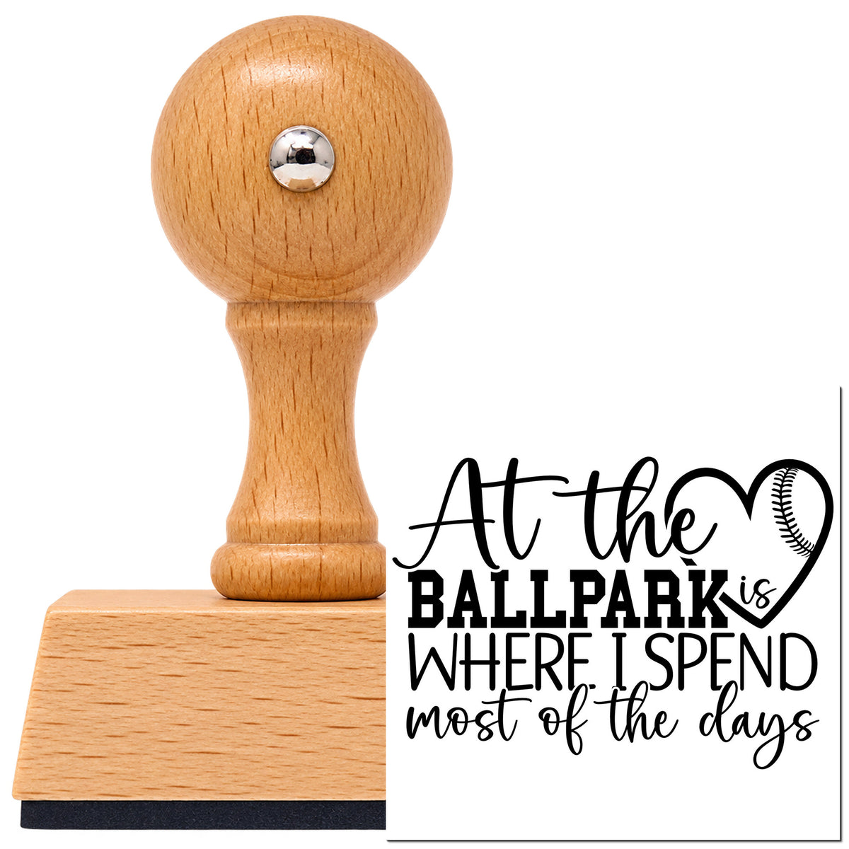 Vintage Pro beech wood stamp with a round knob handle, shown with its black At The Ballpark imprint on white.