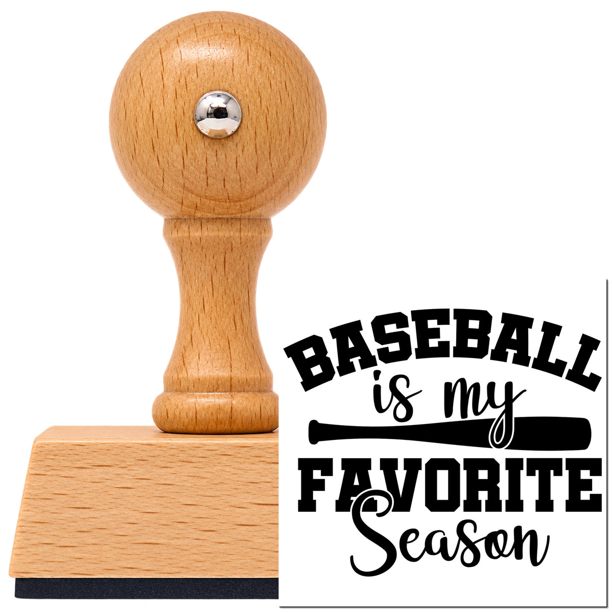 Vintage Pro beech wood stamp with a round knob handle, shown with its black Favorite Baseball Season imprint on white.