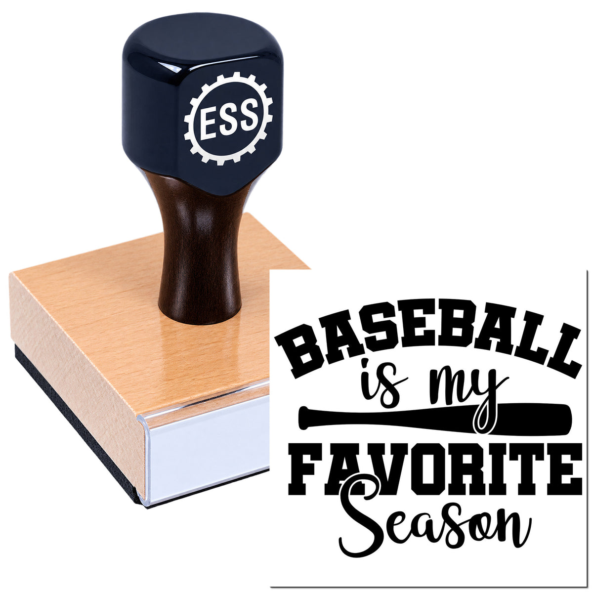 Dark blue custom rubber stamp on wooden block with black baseball seal reading "Baseball is my favorite season."
