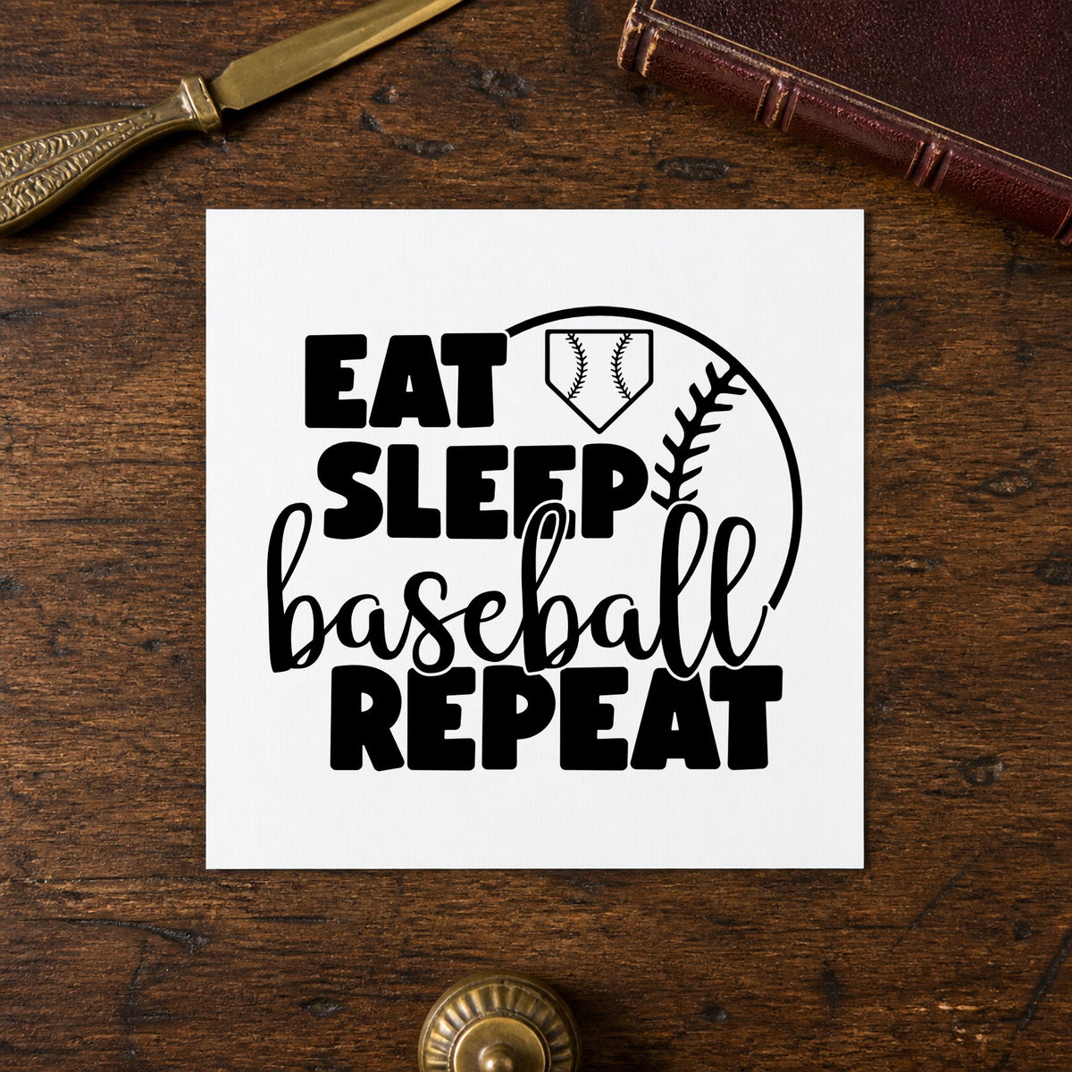 Eat Sleep Baseball Half Ball craft stamp in black ink on cardstock, an easy option for bedroom door signs.