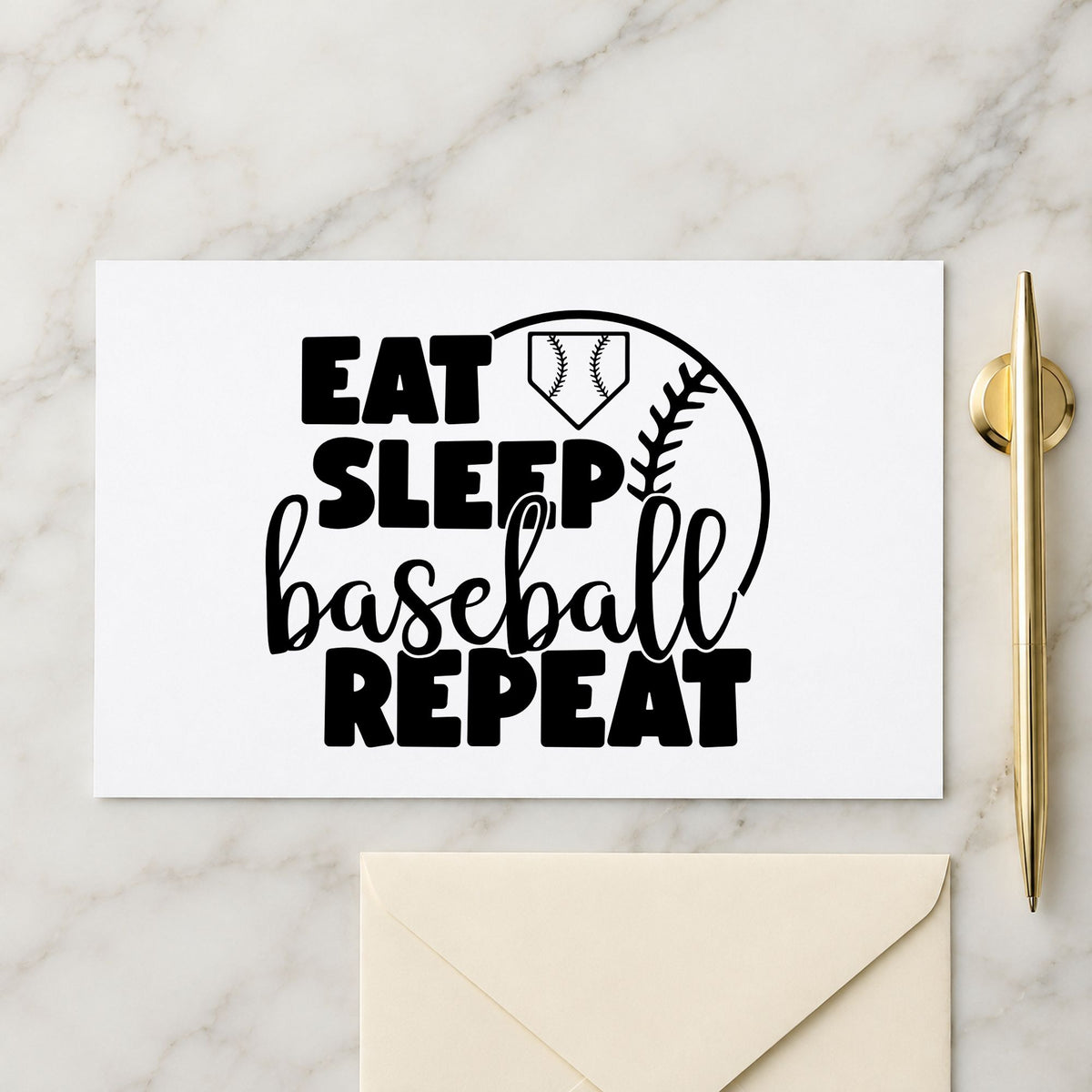 Eat Sleep Baseball Half Ball rubber stamp printed in black ink, ready for scrapbook routine pages and similar paper crafts.