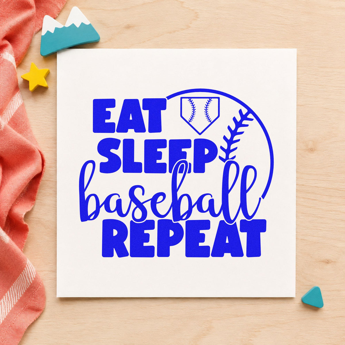 Eat Sleep Baseball Half Ball craft stamp imprinted in blue ink on paper, a design suited to lunchbox notes.
