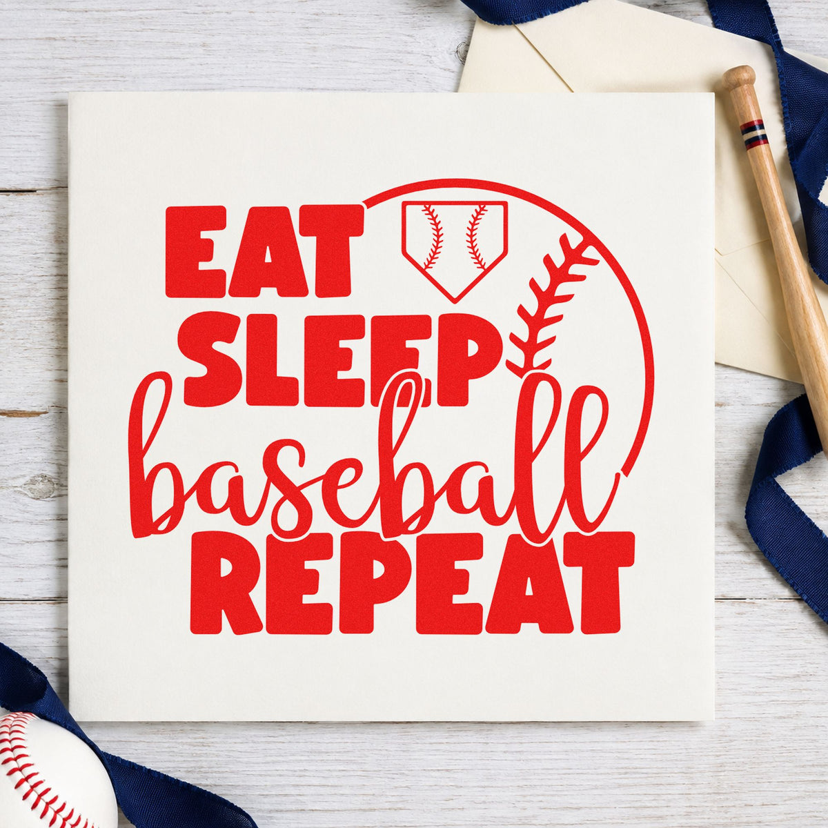 Eat Sleep Baseball Half Ball rubber stamp shown in red ink, stamped for projects such as coach thank-you cards.