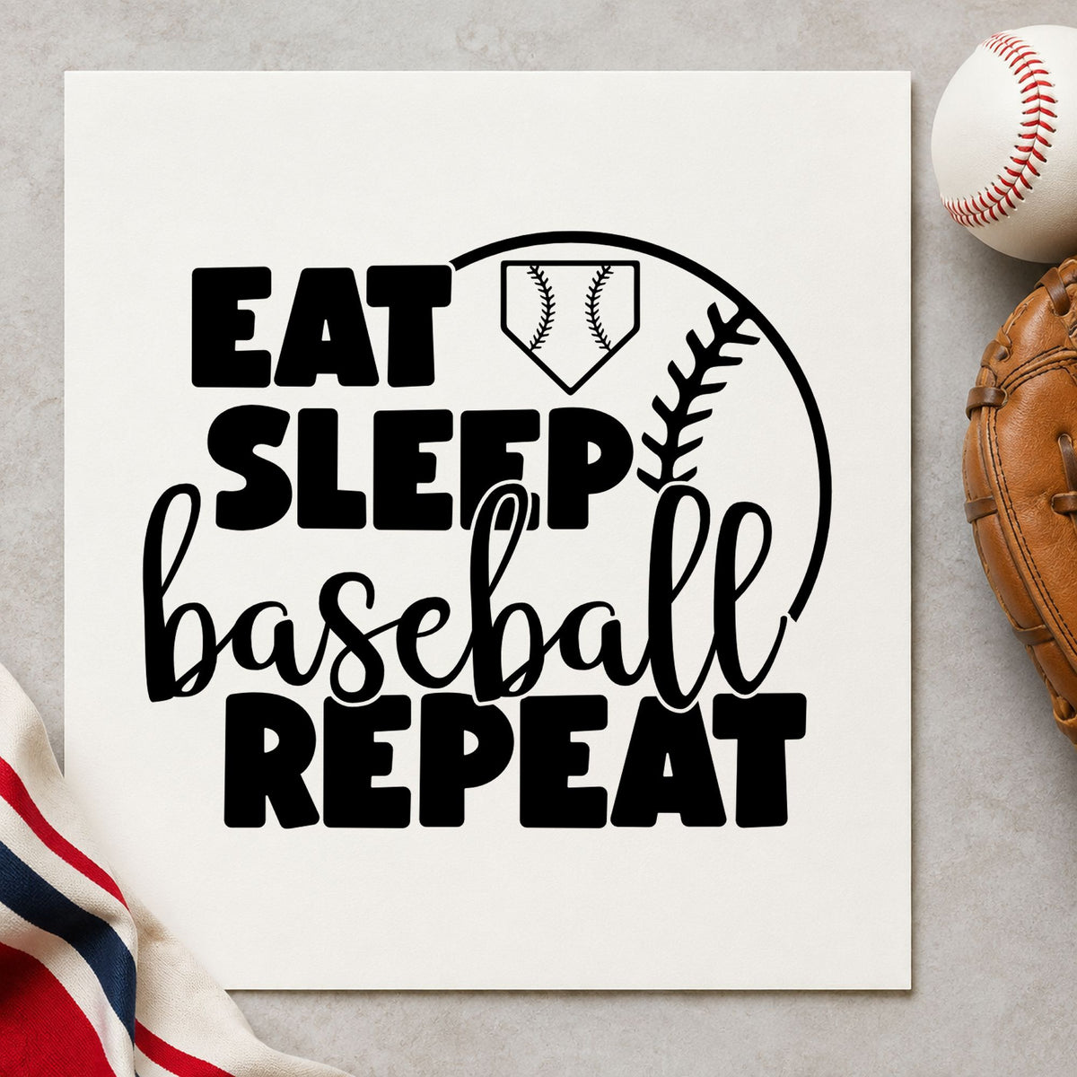 Eat Sleep Baseball Half Ball rubber stamp printed in black ink, ready for player birthday cards and similar paper crafts.