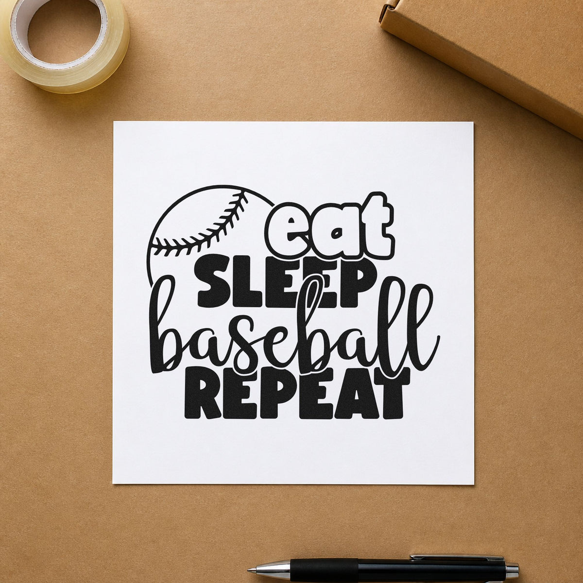 Eat Sleep Baseball Round craft stamp in black ink on cardstock, an easy option for framed wall art.