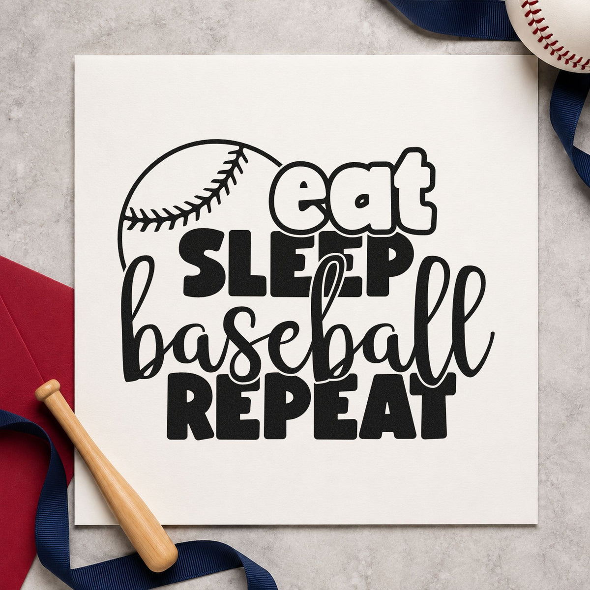 Eat Sleep Baseball Round craft stamp imprint in black ink on a handmade project, one idea being scrapbook title blocks.