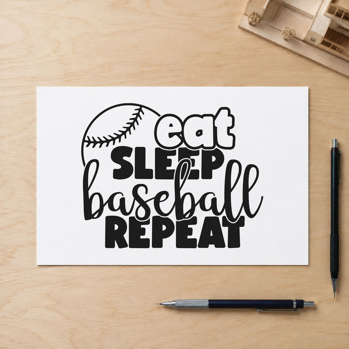 Eat Sleep Baseball Round rubber stamp printed in black ink, ready for party invitations and similar paper crafts.