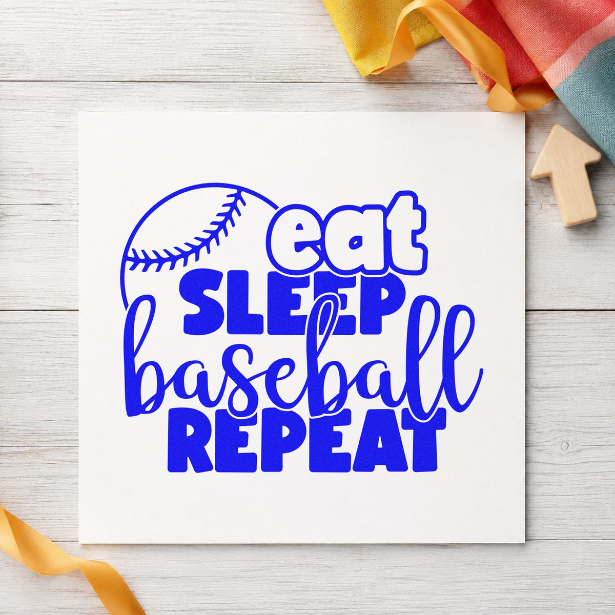 Eat Sleep Baseball Round craft stamp imprinted in blue ink on paper, a design suited to tote bag printing.
