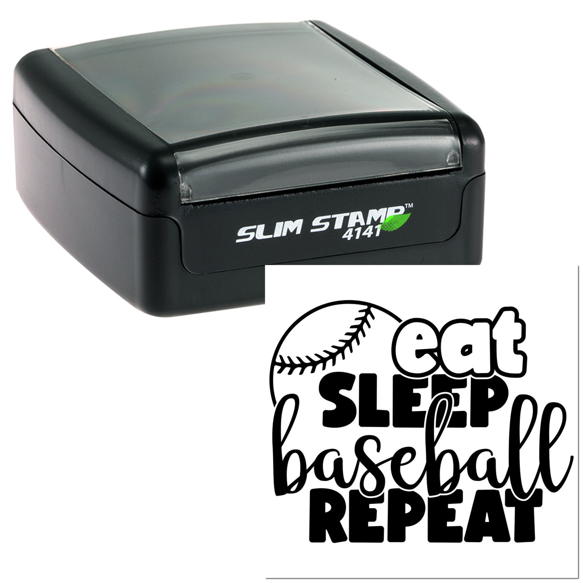 Black self-inking stamp with clear lid and baseball eat sleep baseball repeat seal design