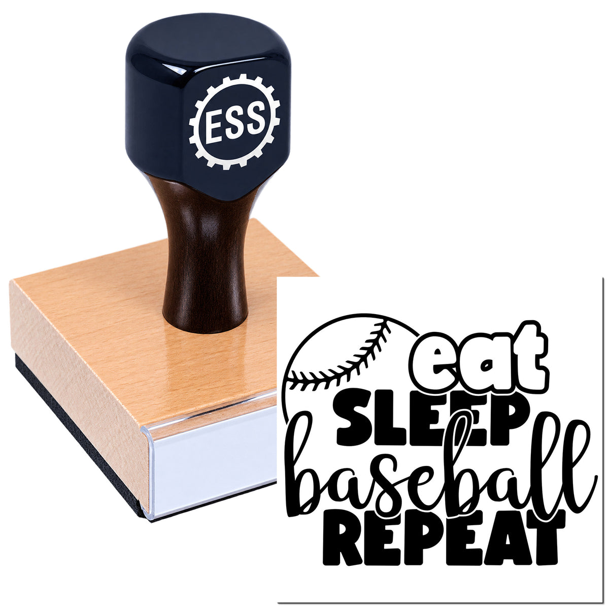 Black ESS stamp and seal on wood block with white baseball-themed "eat sleep baseball repeat" design.