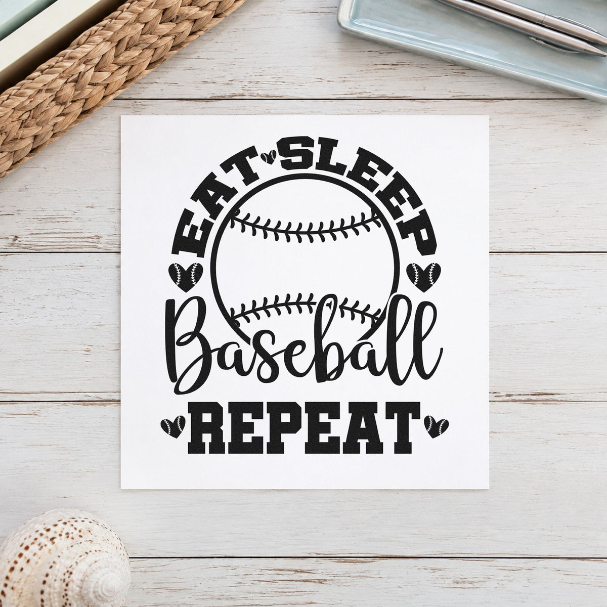 Eat Sleep Baseball Hearts craft stamp in black ink on cardstock, an easy option for softball scrapbook pages.