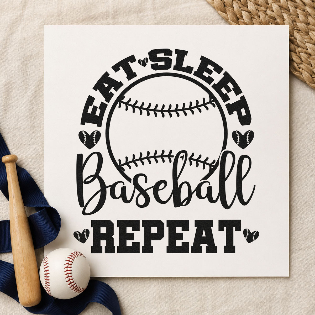 Eat Sleep Baseball Hearts craft stamp imprint in black ink on a handmade project, one idea being bedroom decor frames.
