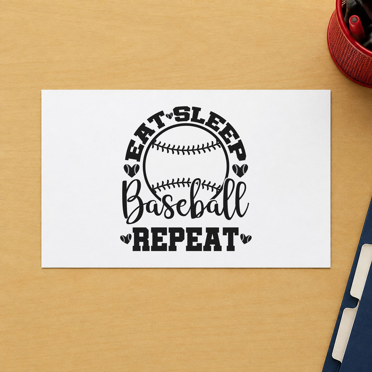 Eat Sleep Baseball Hearts rubber stamp printed in black ink, ready for team party favor tags and similar paper crafts.