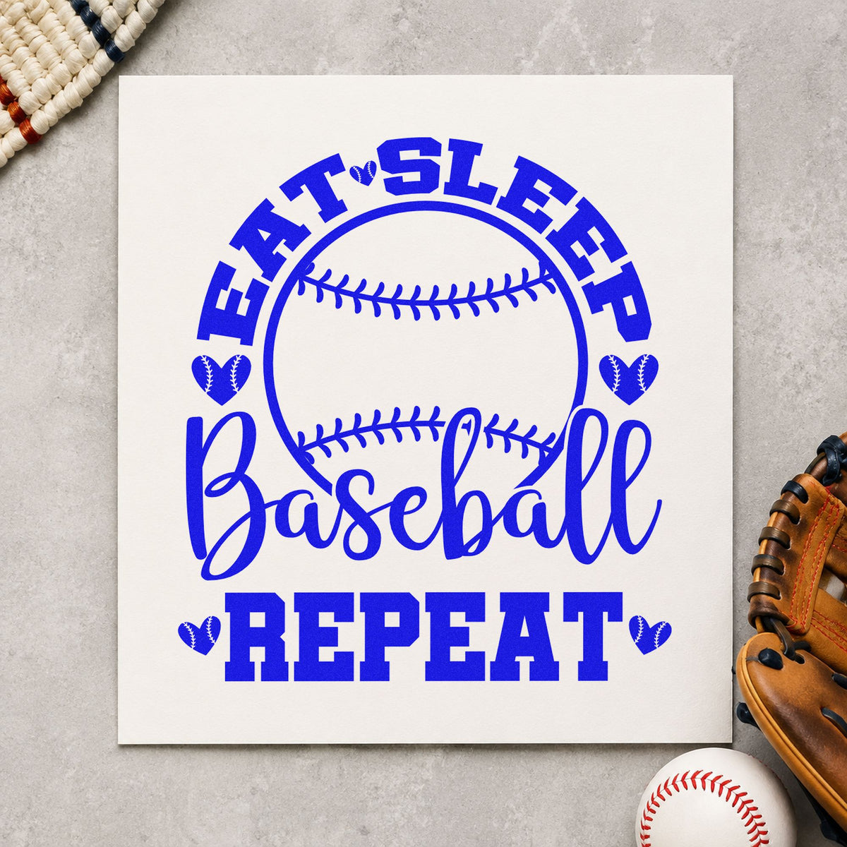 Eat Sleep Baseball Hearts craft stamp in blue ink on cardstock, an easy option for journal cover stamping.