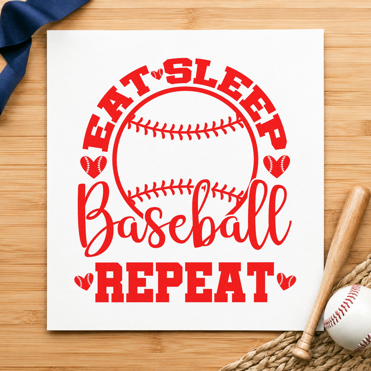 Eat Sleep Baseball Hearts rubber stamp shown in red ink, stamped for projects such as hair bow gift cards.