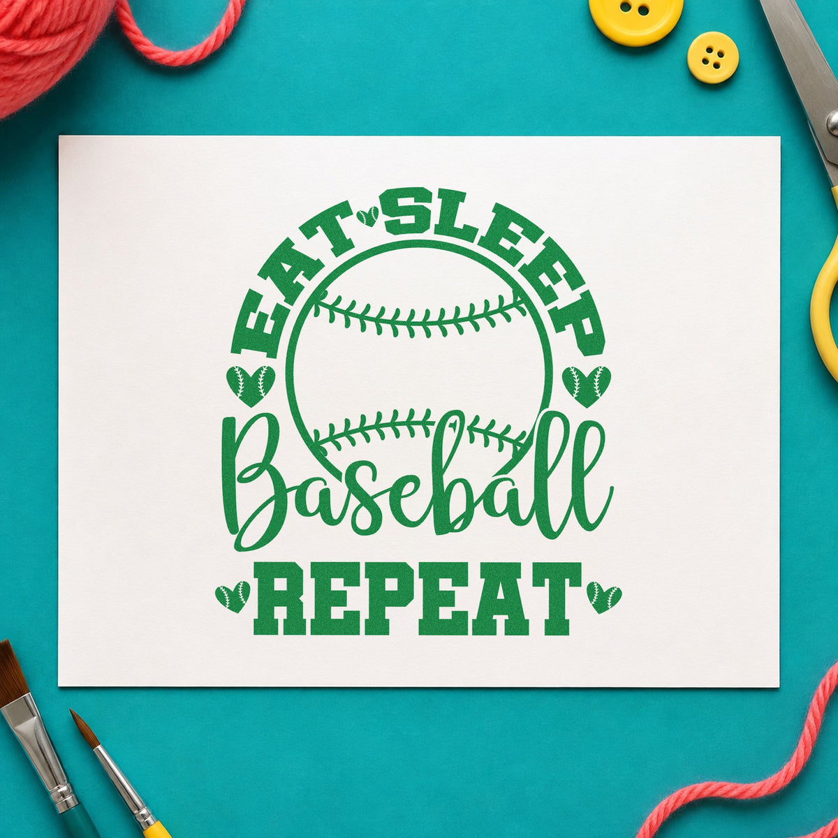 Eat Sleep Baseball Hearts craft stamp imprint in green ink on a handmade project, one idea being valentine exchanges.