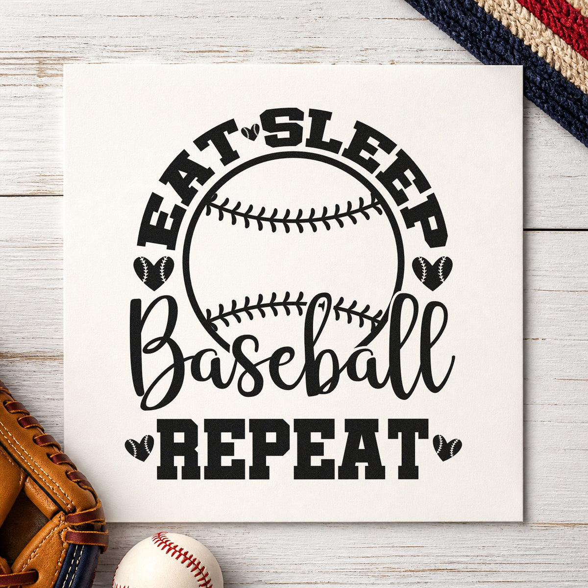 Eat Sleep Baseball Hearts rubber stamp printed in black ink, ready for sweet birthday cards and similar paper crafts.