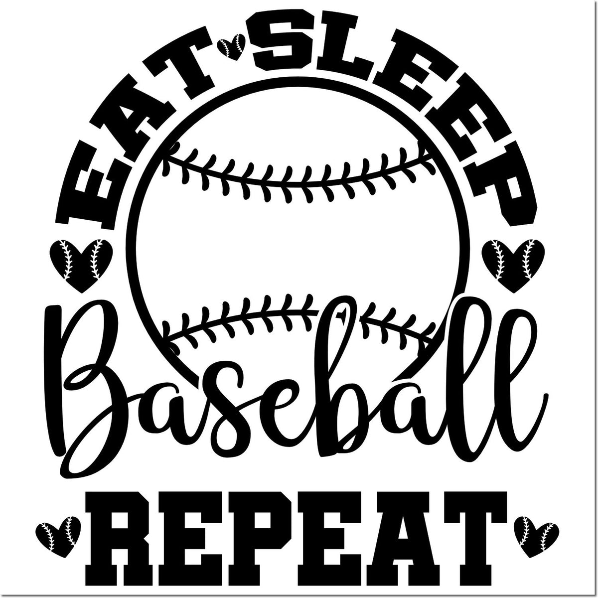 Black Eat Sleep Baseball Repeat stamp seal design with baseball stitches, hearts, and bold lettering on white.