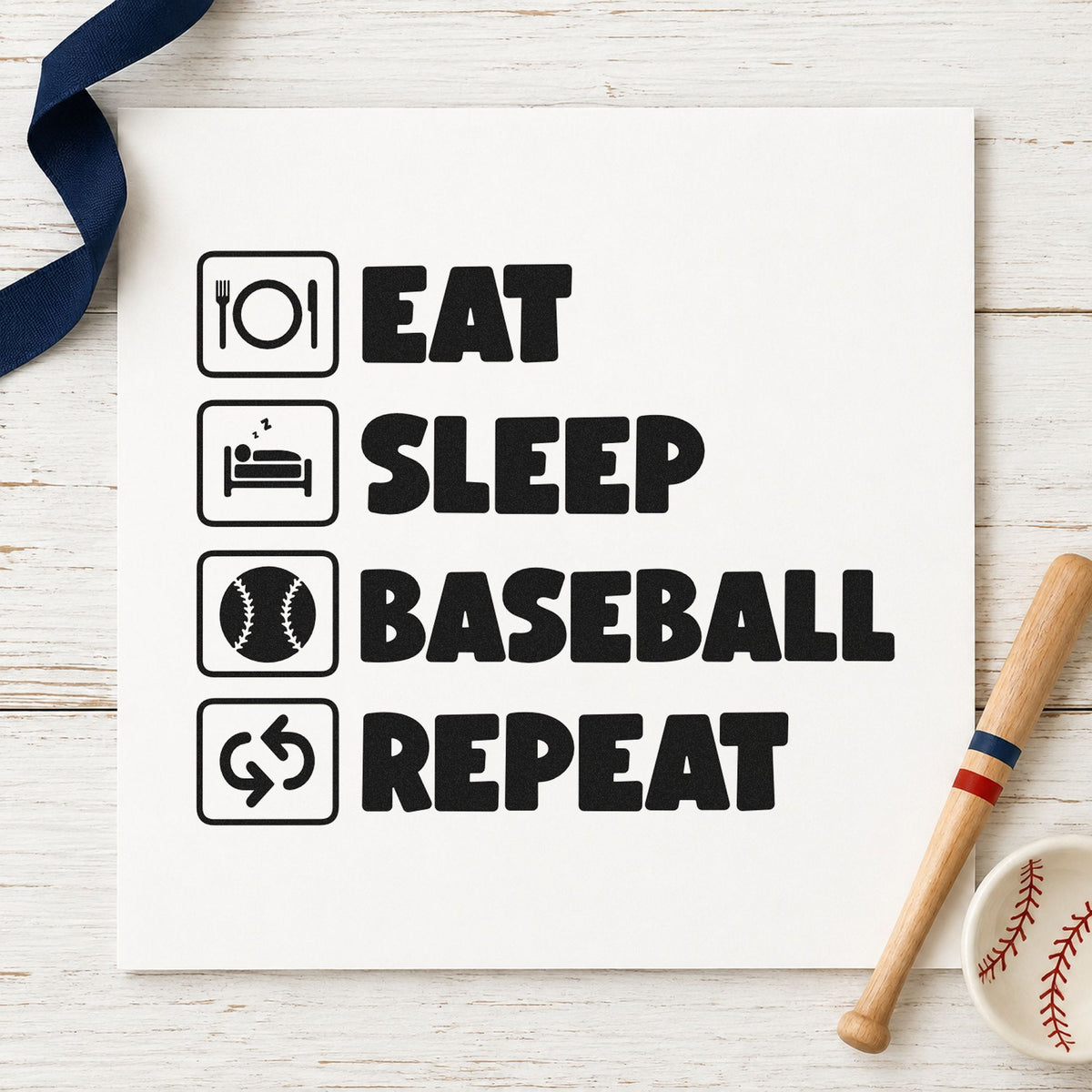 Baseball Routine Icons craft stamp imprint in black ink on a handmade project, one idea being scrapbook routine pages.