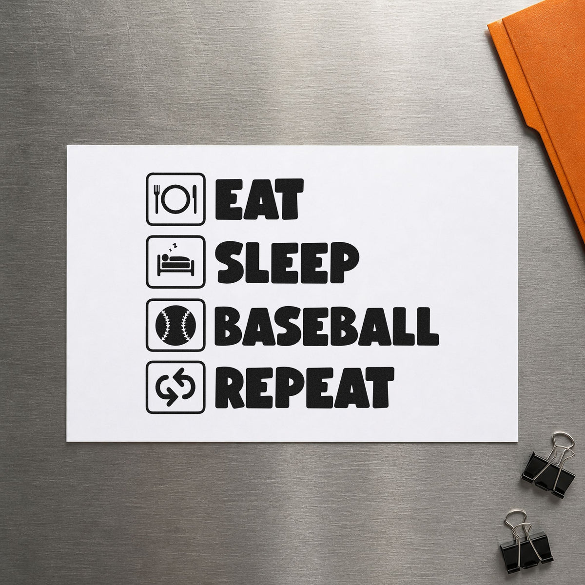 Baseball Routine Icons rubber stamp printed in black ink, ready for bedroom door signs and similar paper crafts.
