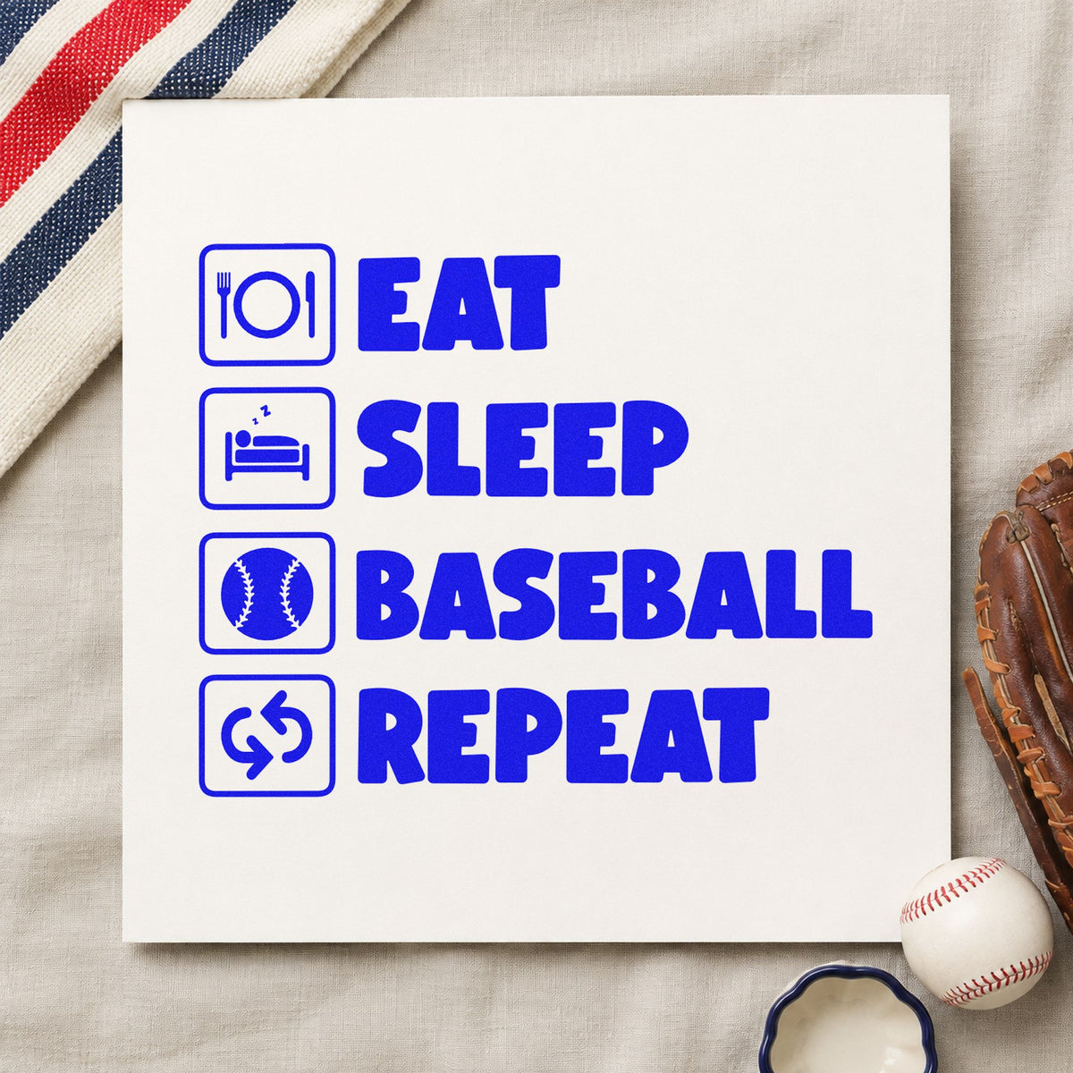 Baseball Routine Icons craft stamp in blue ink on cardstock, an easy option for team tees.