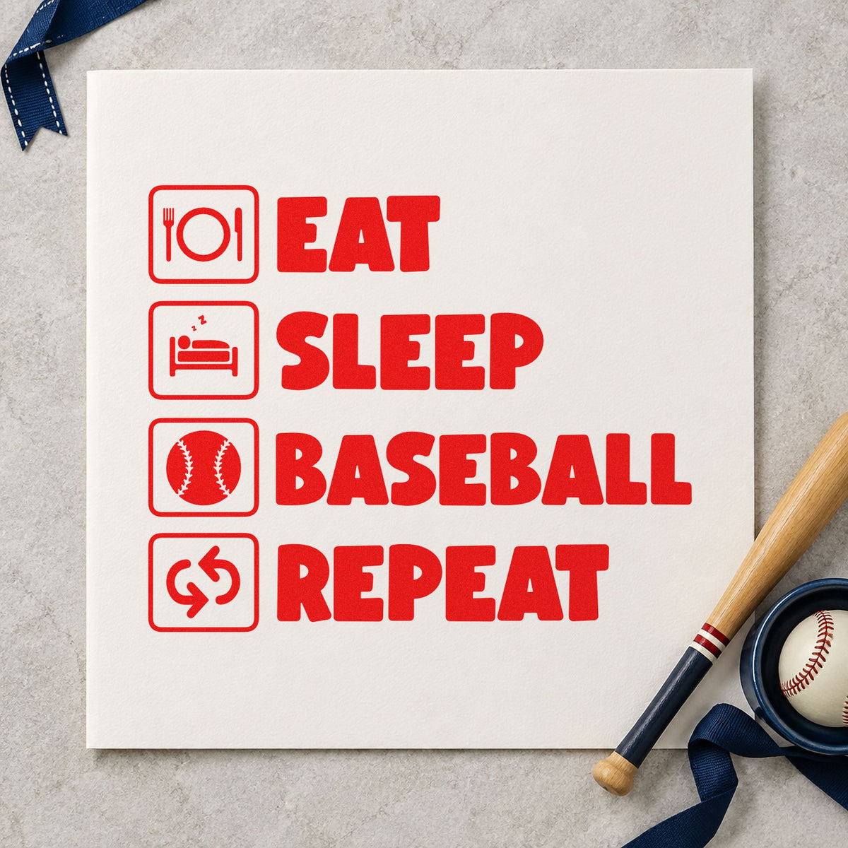 Baseball Routine Icons rubber stamp shown in red ink, stamped for projects such as lunchbox notes.