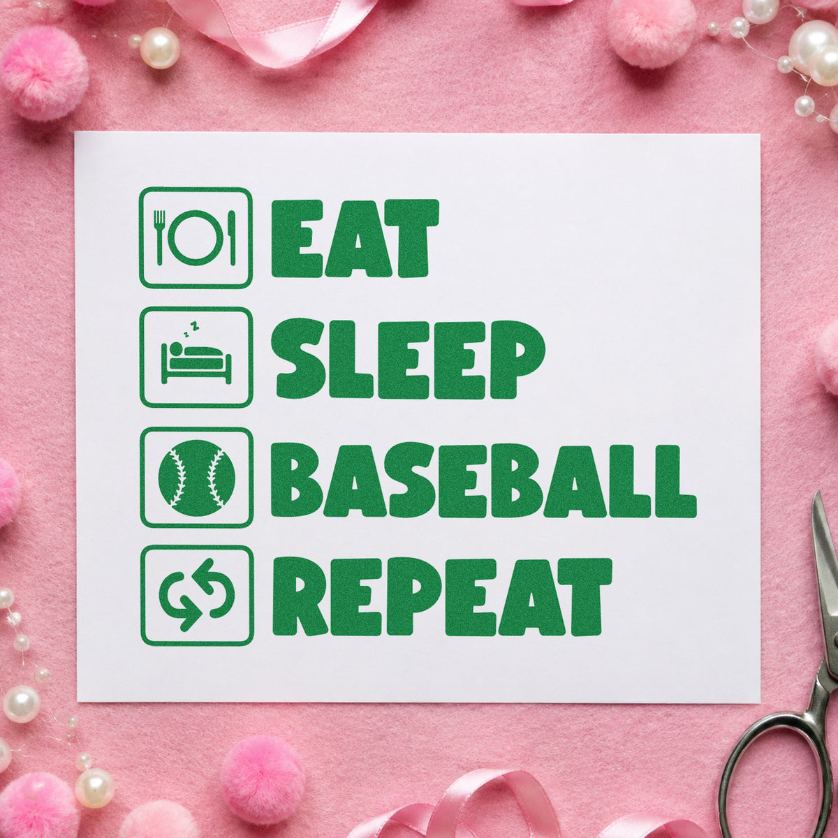 Baseball Routine Icons craft stamp imprint in green ink on a handmade project, one idea being coach gift tags.