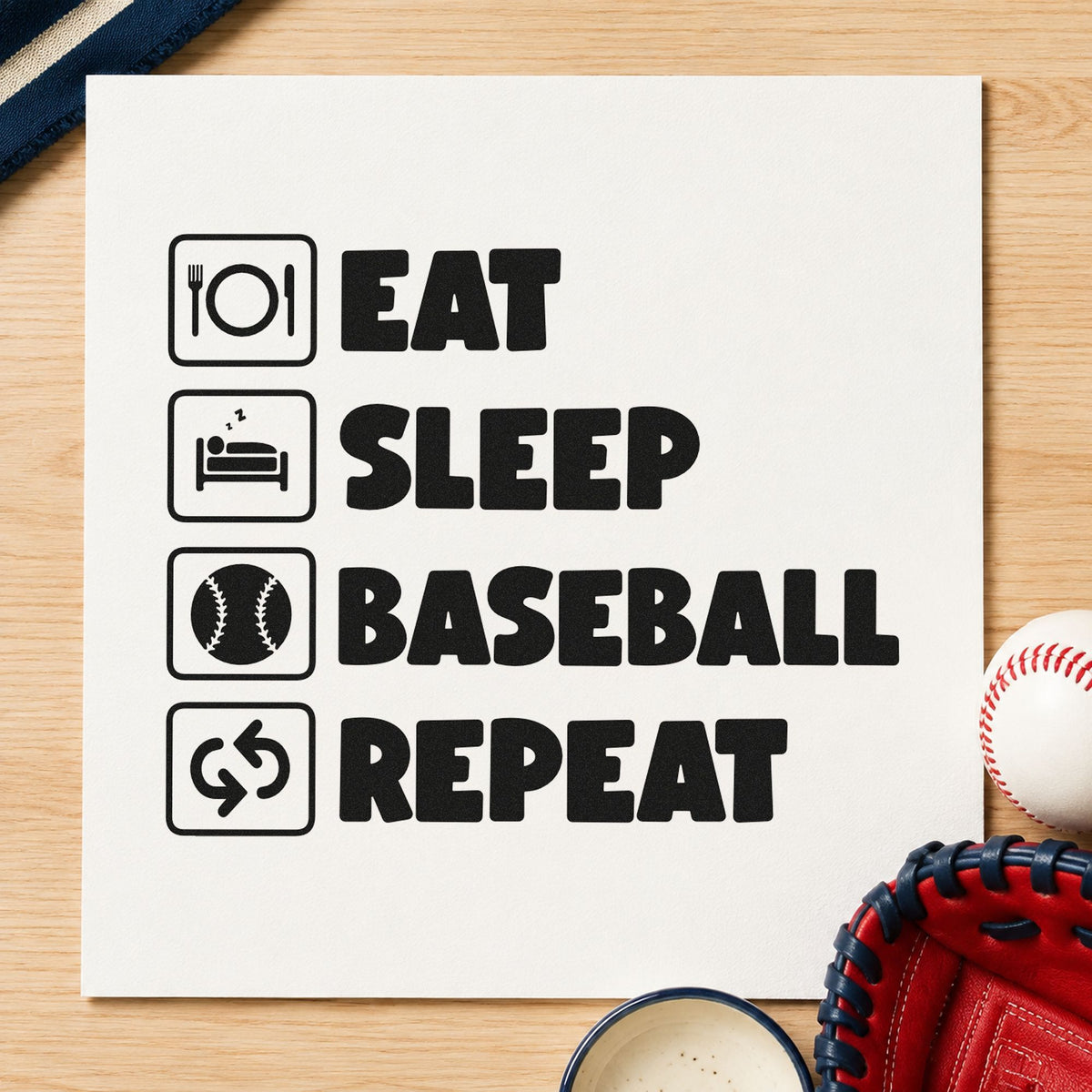 Baseball Routine Icons rubber stamp printed in black ink, ready for icon birthday cards and similar paper crafts.
