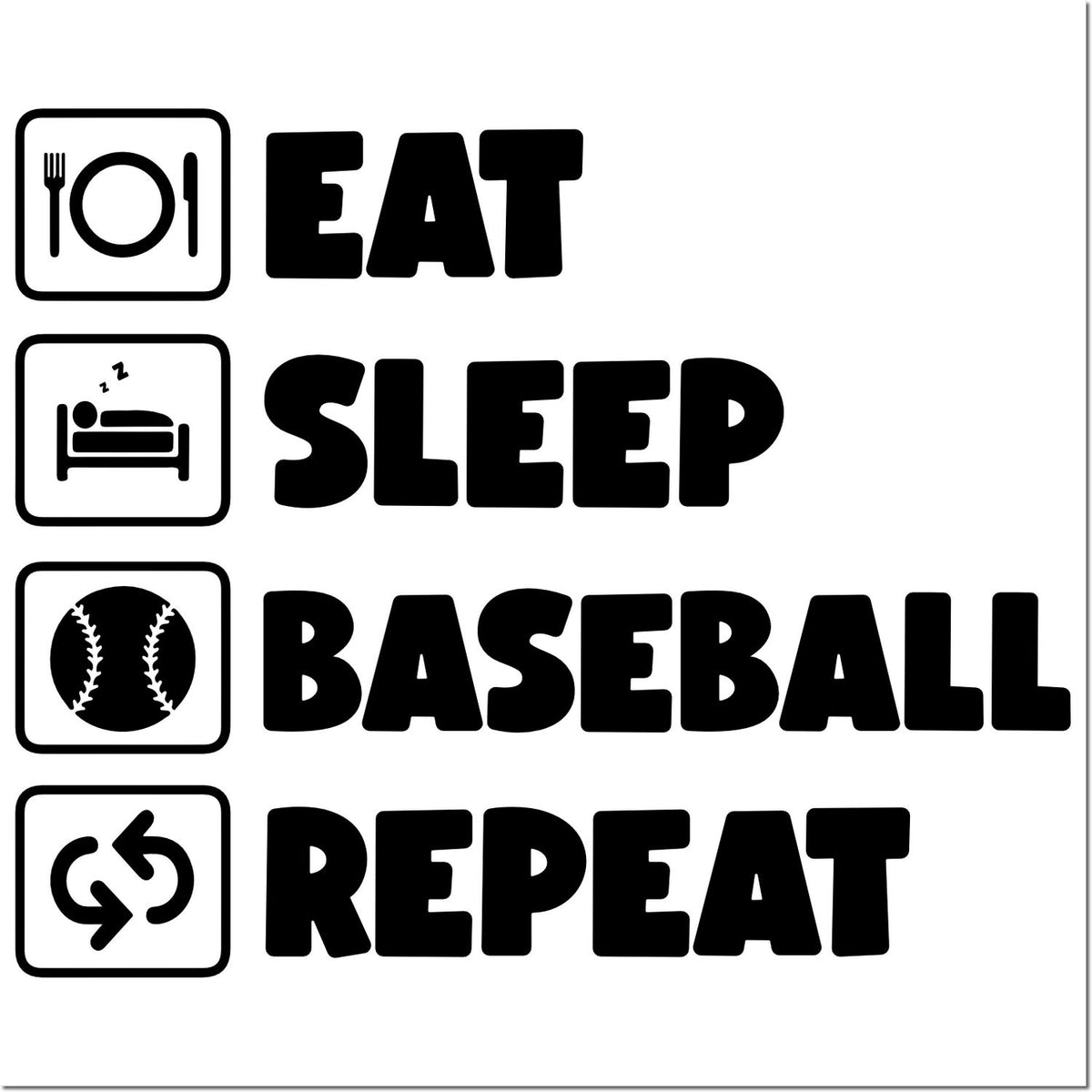 Black stamp designs for eat, sleep, baseball, and repeat with simple icons in square seals on a white background.