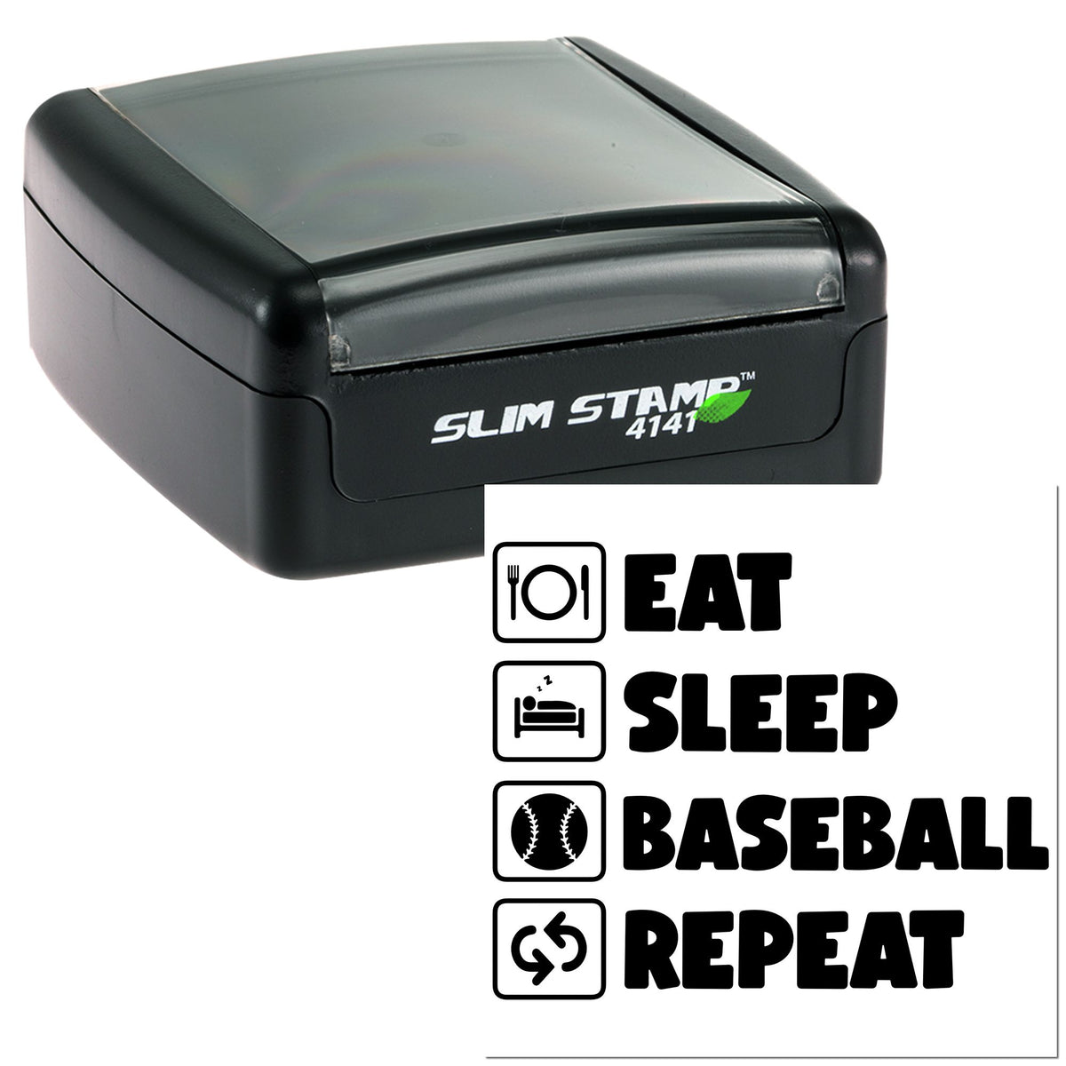 Black Slim Stamp 4141 self-inking stamp and seal with bold EAT SLEEP BASEBALL REPEAT icons on white background.