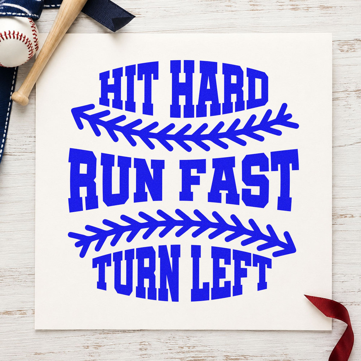 Hit Hard Run Fast craft stamp in blue ink on cardstock, an easy option for practice tees.