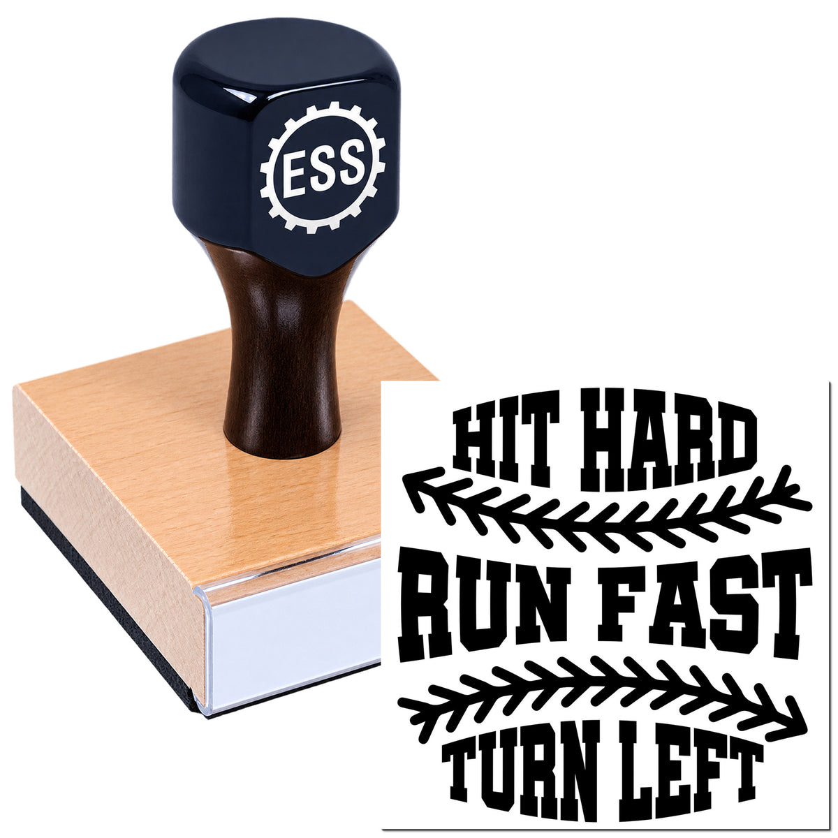 Dark blue ESS stamp seal on a pink block beside bold black "HIT HARD RUN FAST TURN LEFT" lettering with arrow accents.